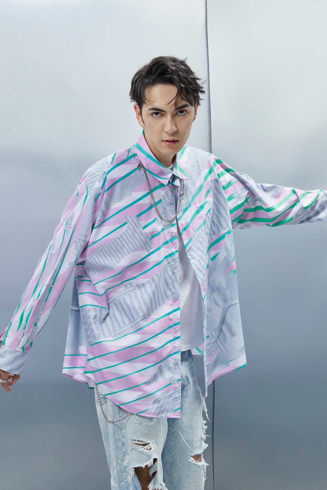 MASH UP ASIA Abstract Stripe Oversized Shirt-Shirt-M-Blue-Free Shipping Leatheretro