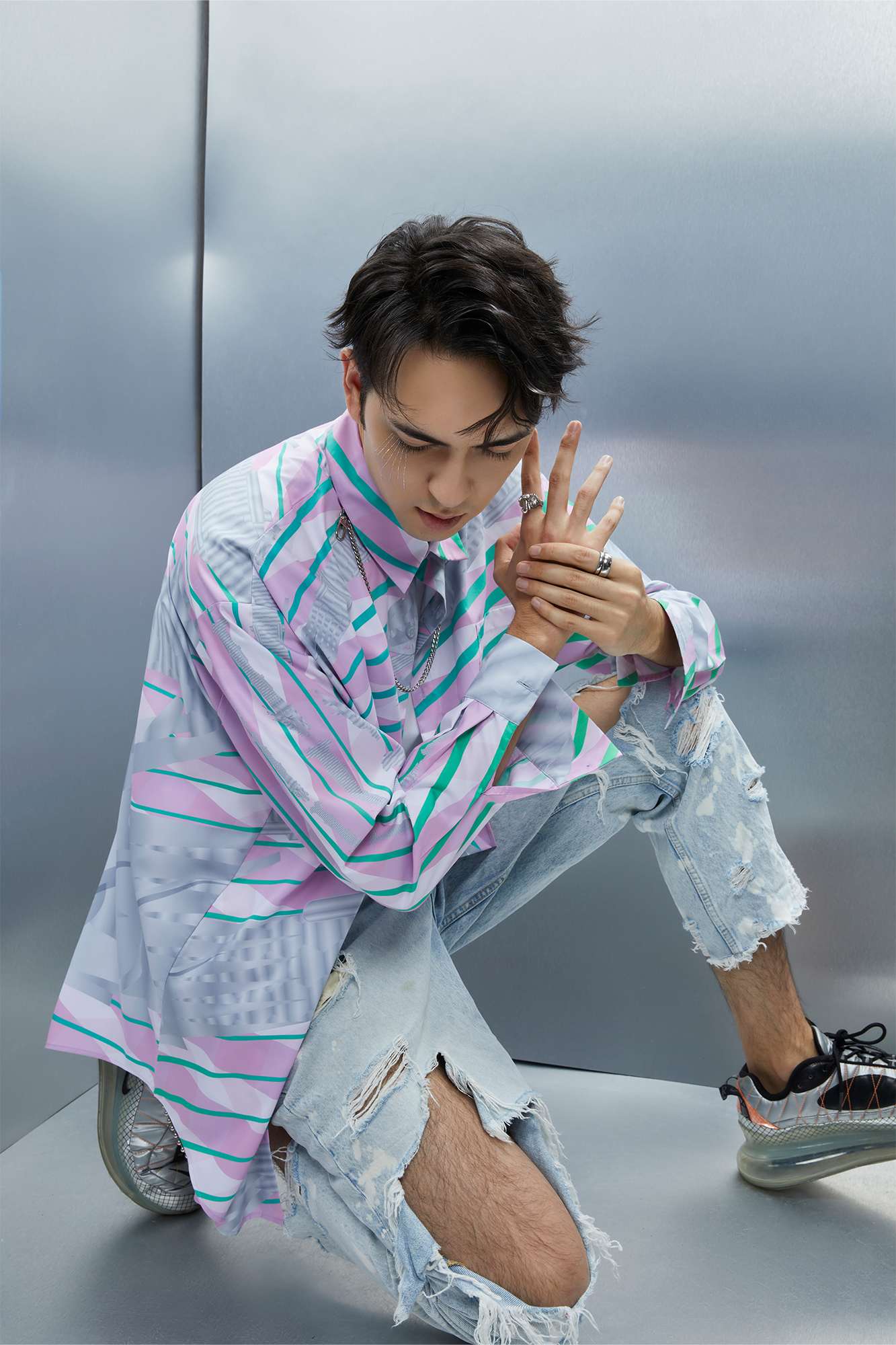 MASH UP ASIA Abstract Stripe Oversized Shirt-Shirt-M-Blue-Free Shipping Leatheretro
