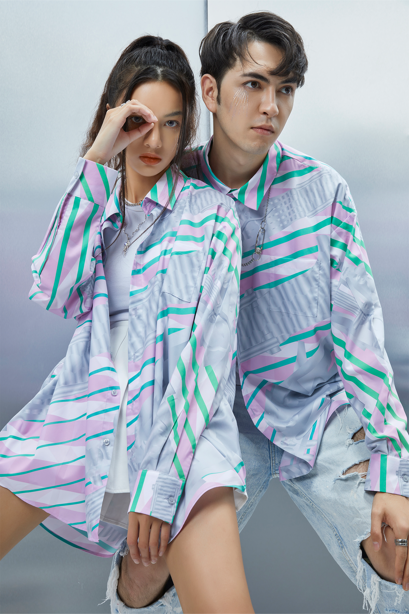 MASH UP ASIA Abstract Stripe Oversized Shirt-Shirt-M-Blue-Free Shipping Leatheretro