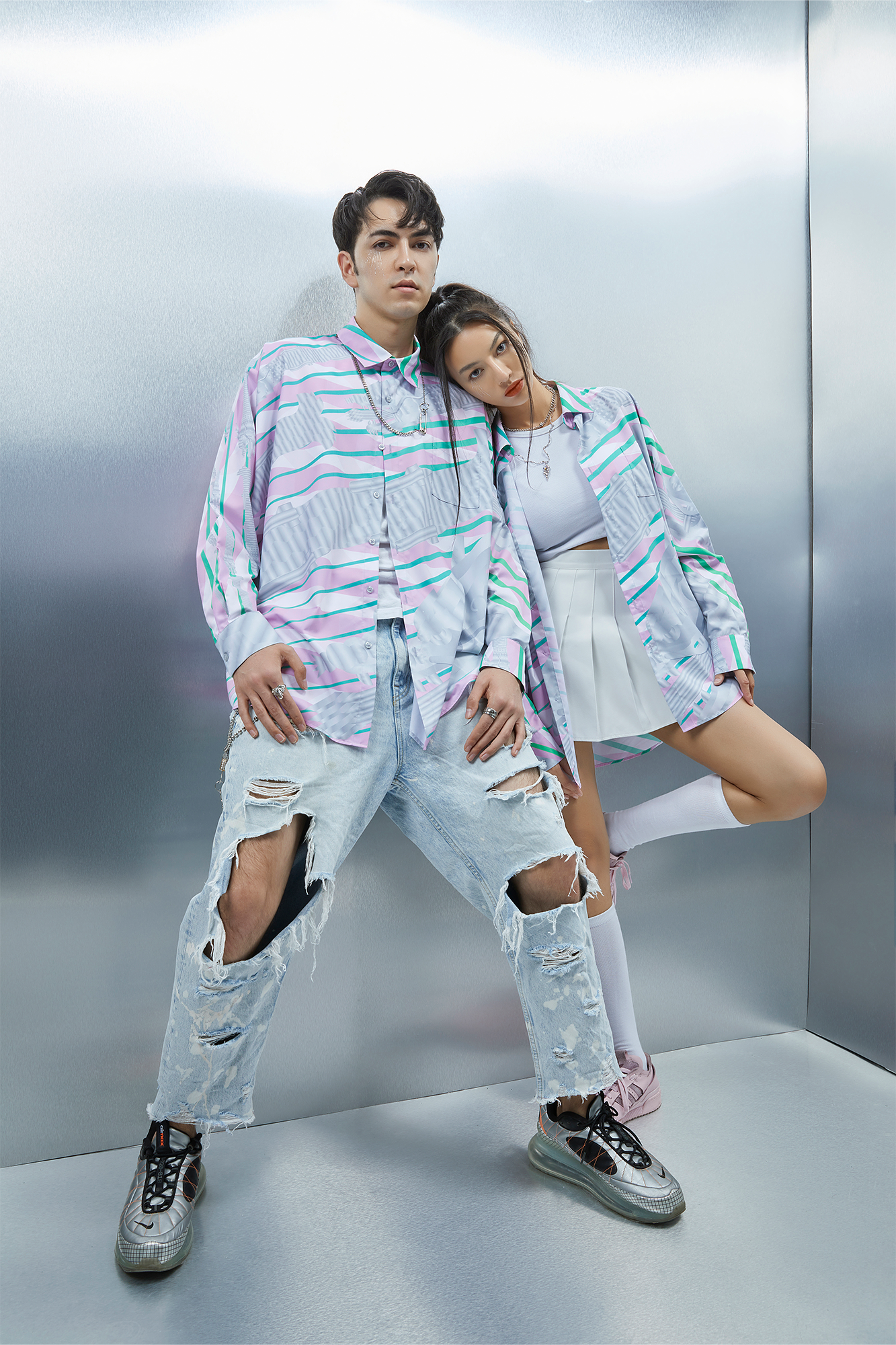 MASH UP ASIA Abstract Stripe Oversized Shirt-Shirt-M-Blue-Free Shipping Leatheretro