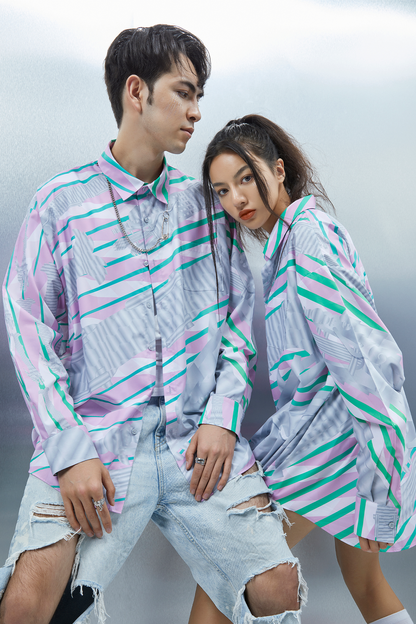 MASH UP ASIA Abstract Stripe Oversized Shirt-Shirt-M-Blue-Free Shipping Leatheretro