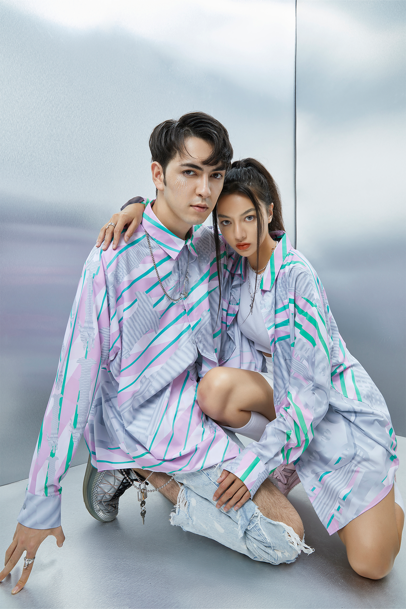 MASH UP ASIA Abstract Stripe Oversized Shirt-Shirt-M-Blue-Free Shipping Leatheretro