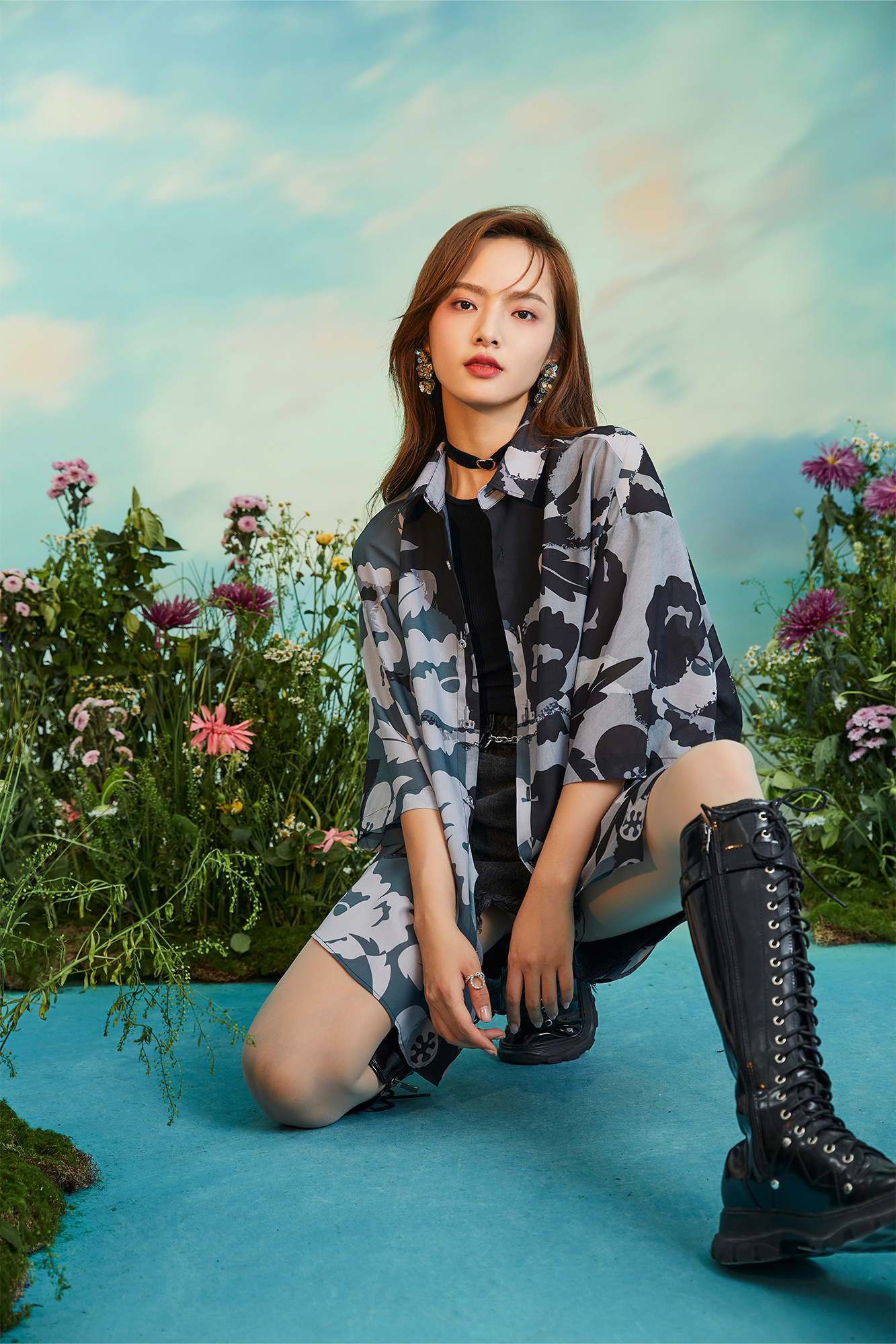 MASH UP ASIA Poppy Full-Print Half Shirt-Half shirt-M-Gray-Free Shipping Leatheretro