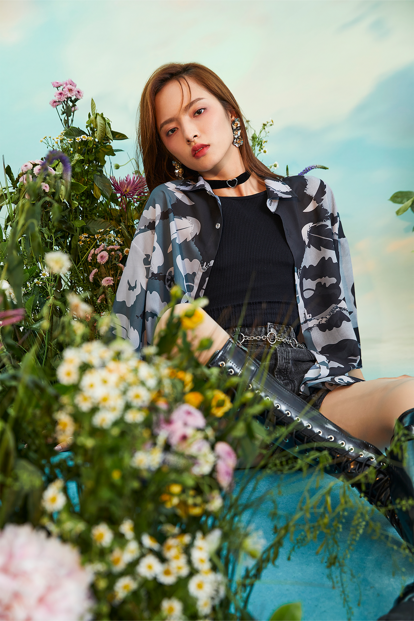MASH UP ASIA Poppy Full-Print Half Shirt-Half shirt-M-Gray-Free Shipping Leatheretro