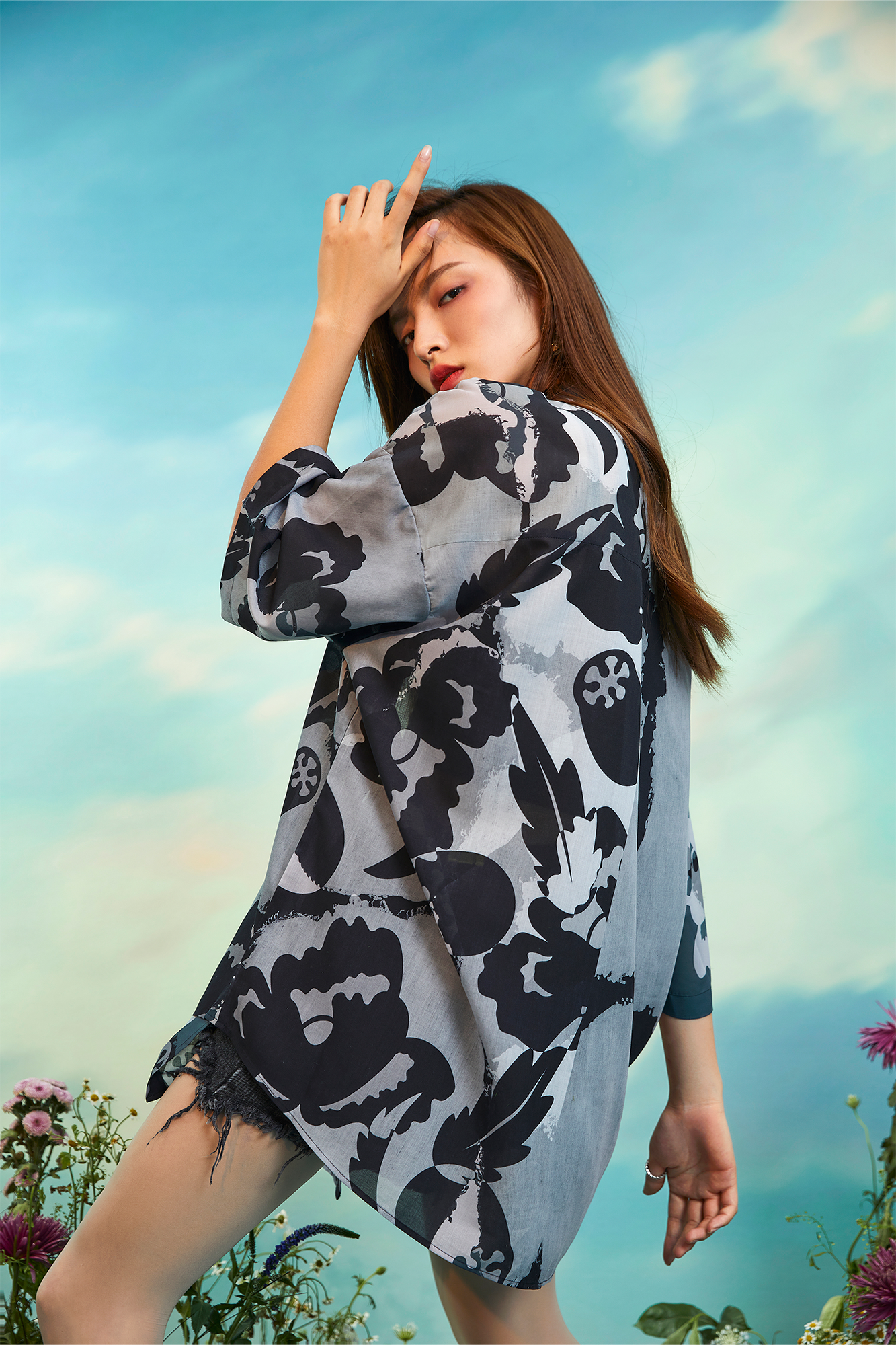 MASH UP ASIA Poppy Full-Print Half Shirt-Half shirt-M-Gray-Free Shipping Leatheretro