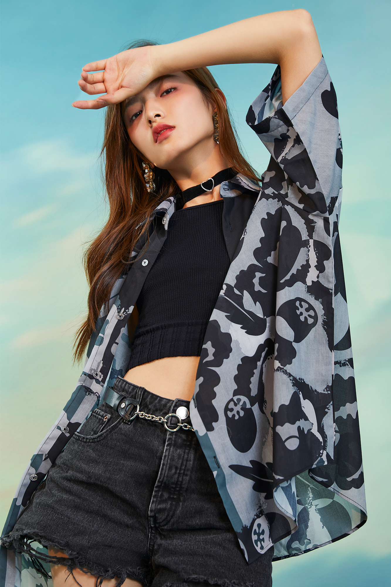 MASH UP ASIA Poppy Full-Print Half Shirt-Half shirt-M-Gray-Free Shipping Leatheretro