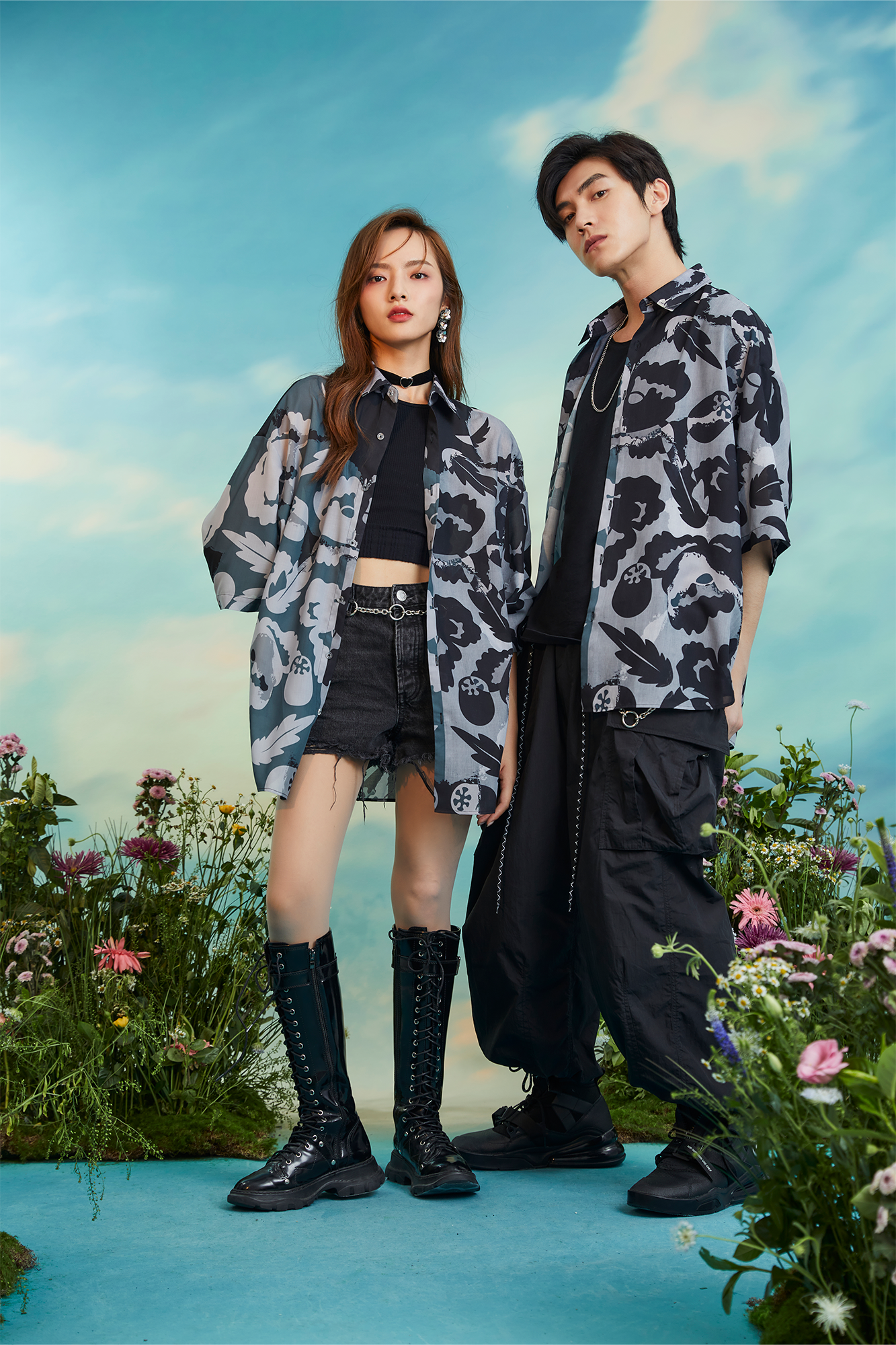 MASH UP ASIA Poppy Full-Print Half Shirt-Half shirt-M-Gray-Free Shipping Leatheretro