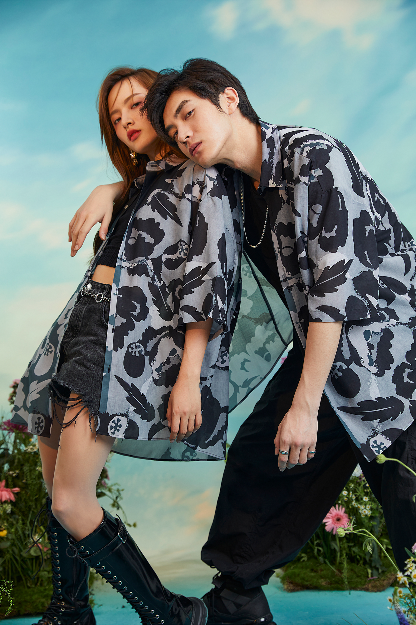 MASH UP ASIA Poppy Full-Print Half Shirt-Half shirt-M-Gray-Free Shipping Leatheretro