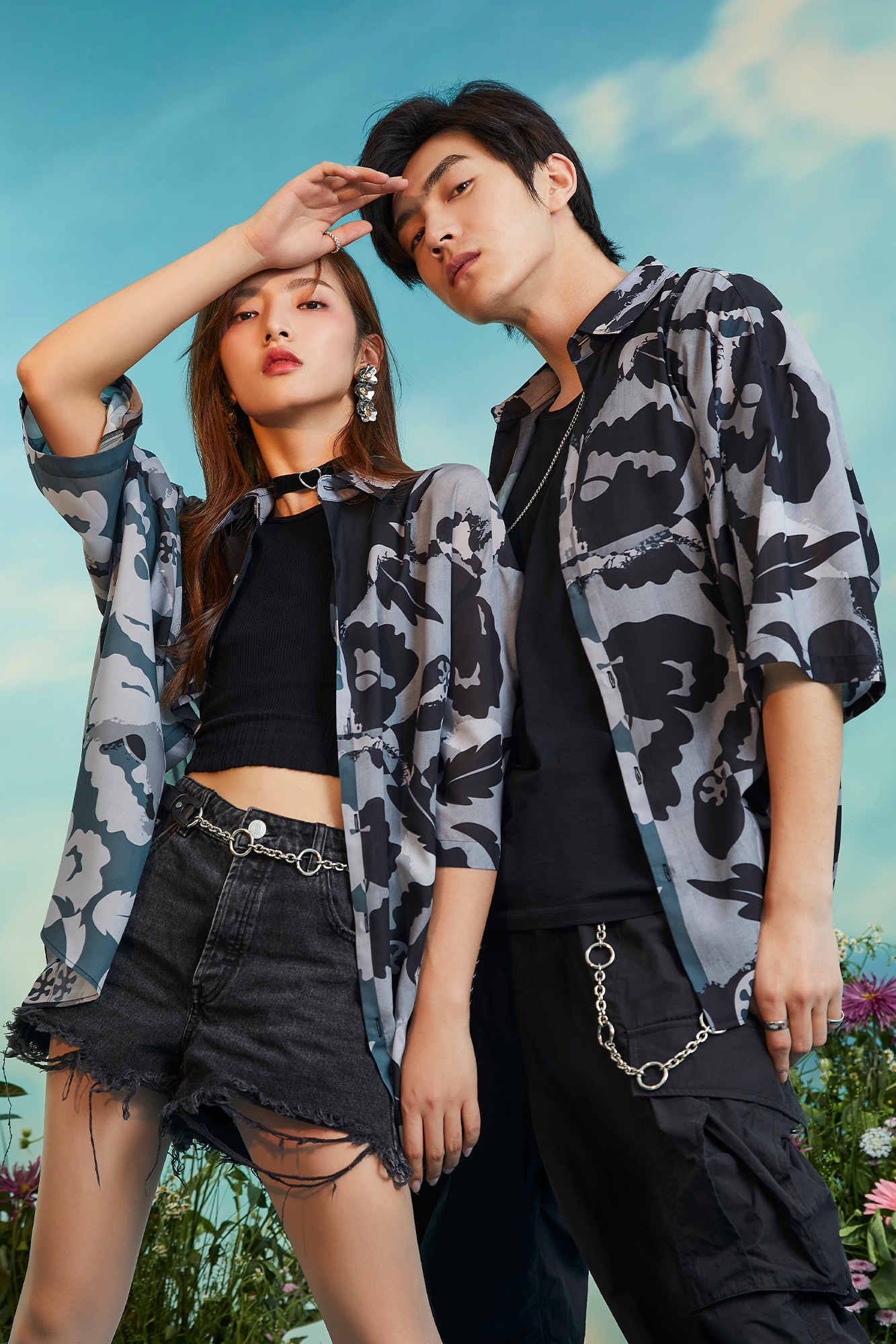 MASH UP ASIA Poppy Full-Print Half Shirt-Half shirt-M-Gray-Free Shipping Leatheretro