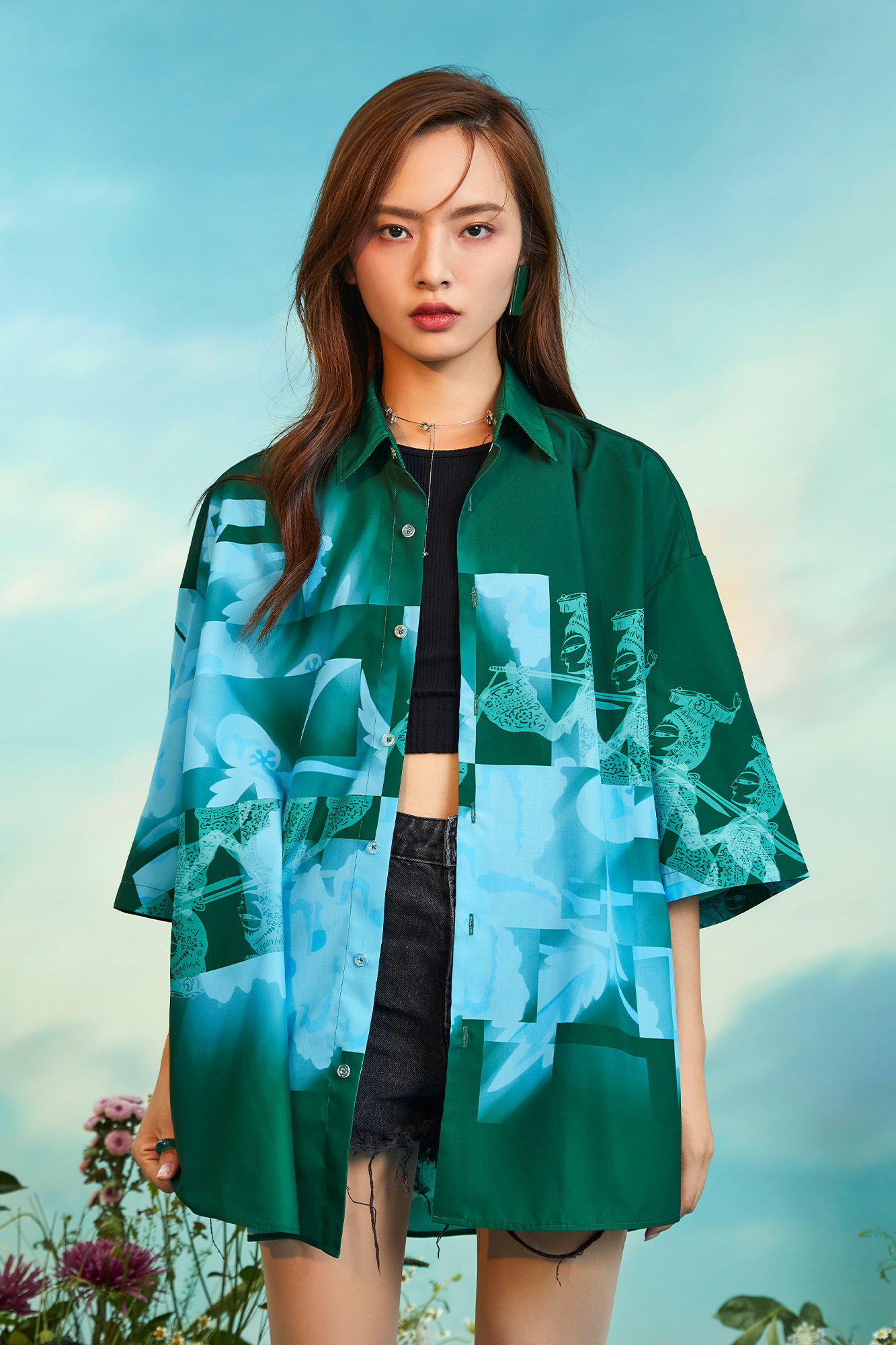 MASH UP ASIA Poppy Full-Print Half Shirt-Half shirt-M-Gray-Free Shipping Leatheretro
