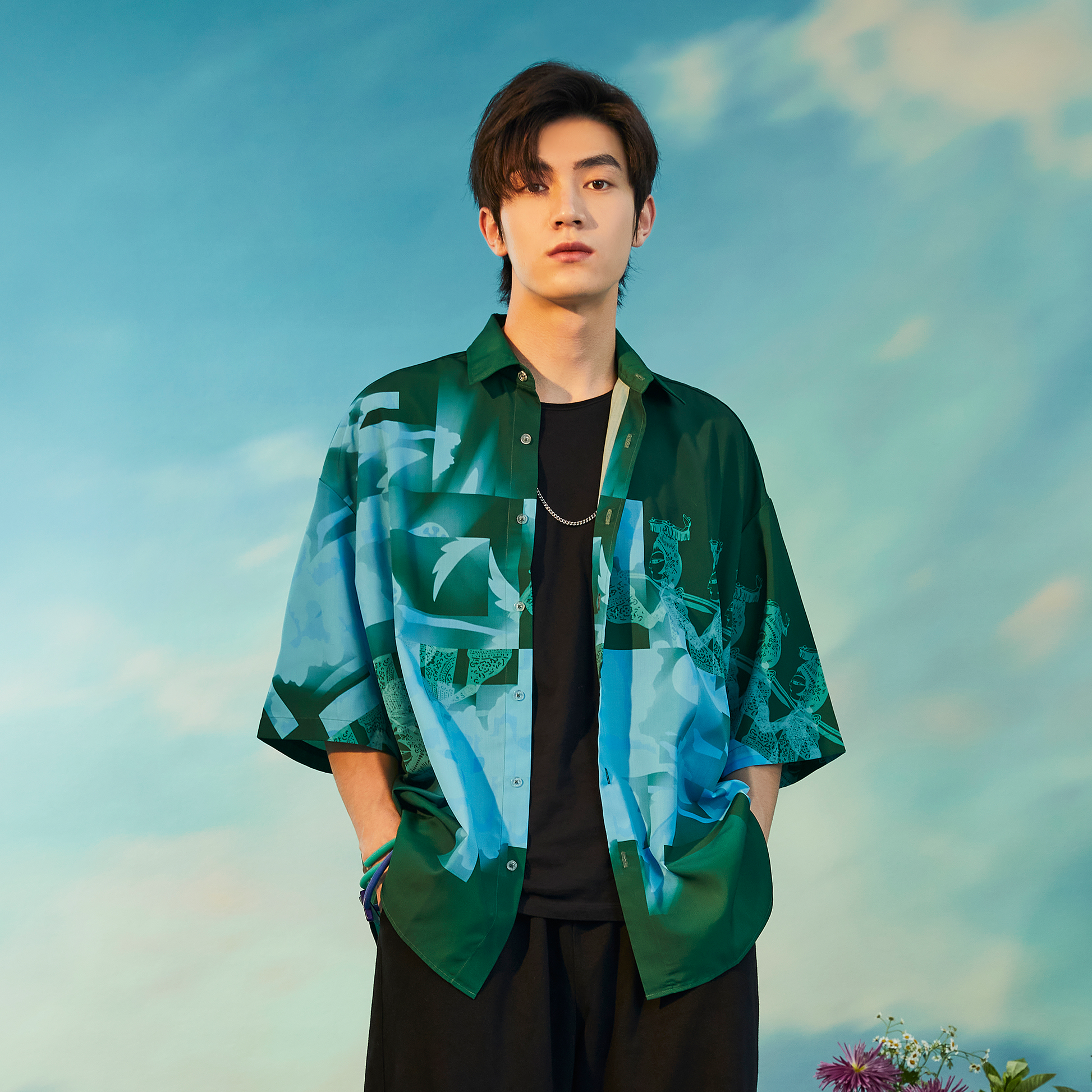 MASH UP ASIA Poppy Full-Print Half Shirt-Half shirt-M-Green-Free Shipping Leatheretro