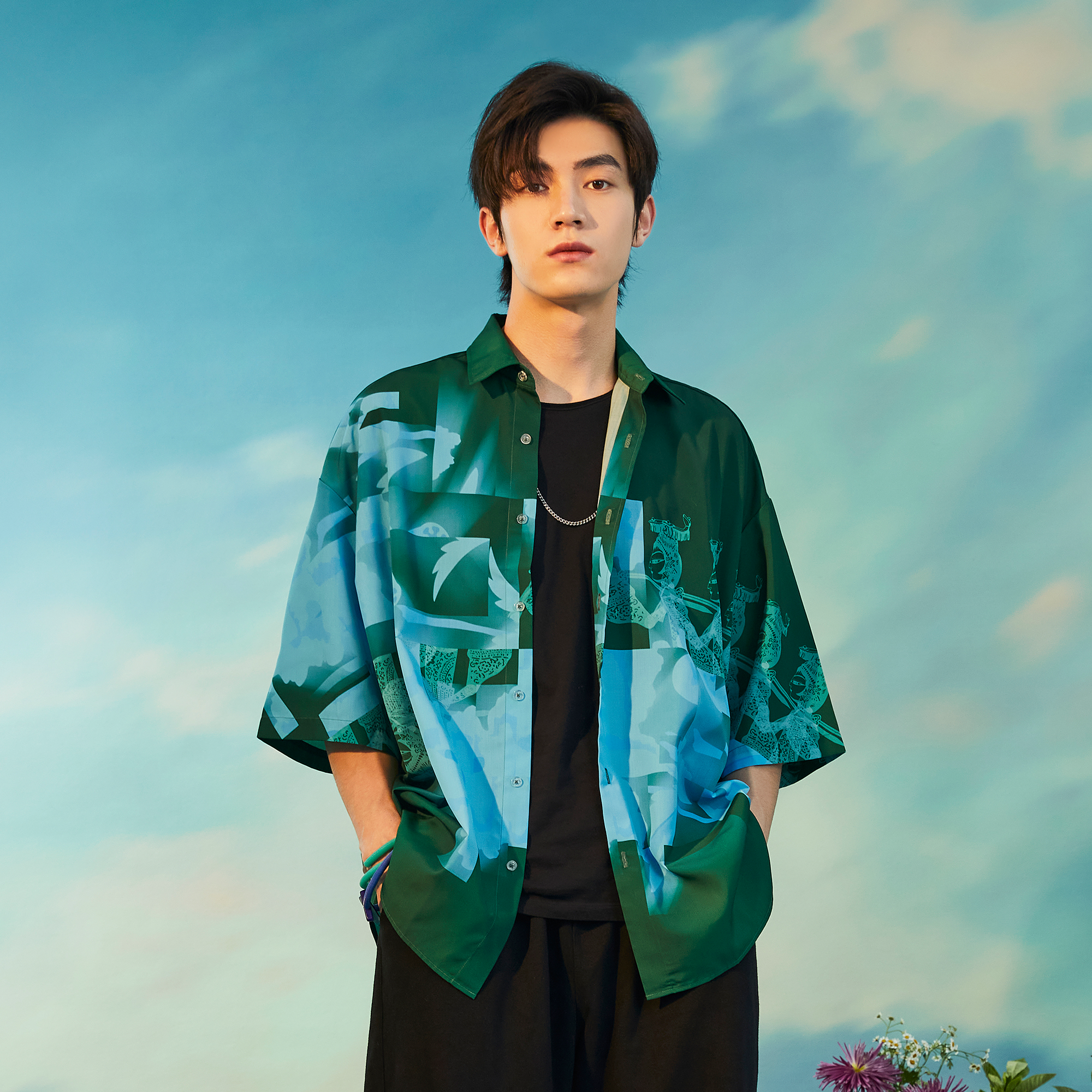 MASH UP ASIA Poppy Full-Print Half Shirt-Half shirt-M-Green-Free Shipping Leatheretro