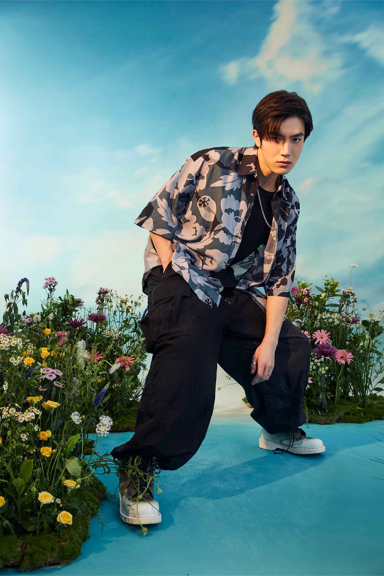 MASH UP ASIA Poppy Full-Print Half Shirt-Half shirt-M-Gray-Free Shipping Leatheretro