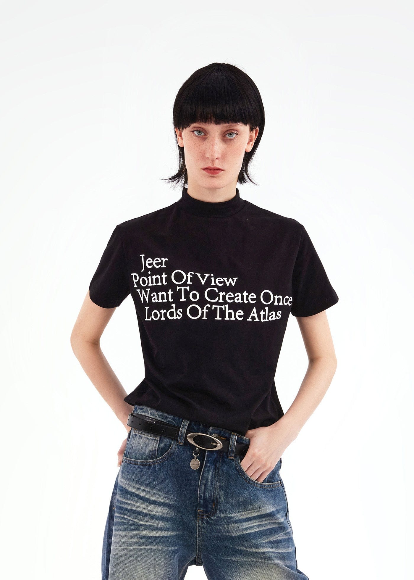 ARTIFICIAL WORLD Slogan Mock Neck T-Shirt-T Shirt-XS-Black-Free Shipping Leatheretro