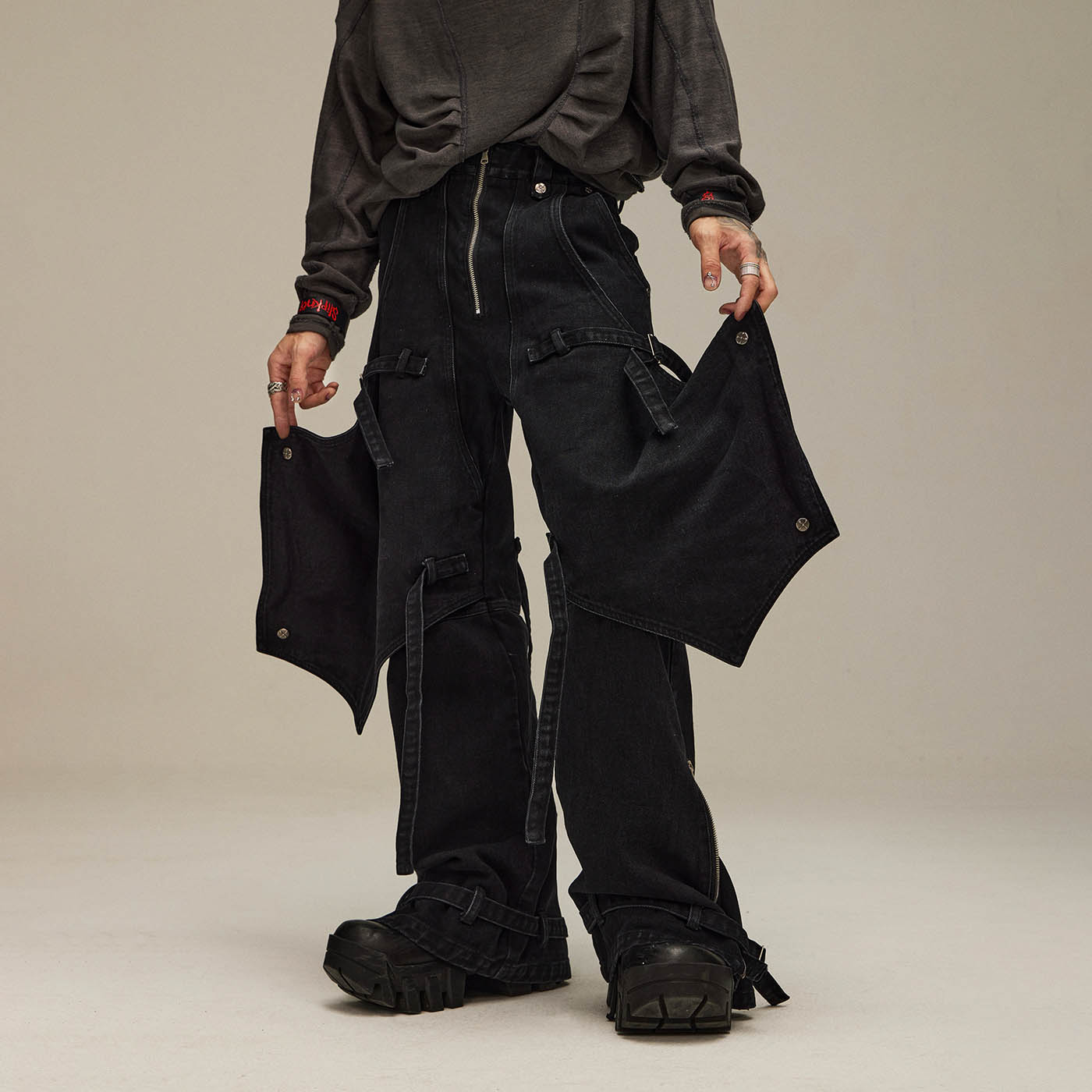 FLYERRER Spliced Faux-Layered Strap Zipper Pants-Pants-S-Free Shipping Leatheretro