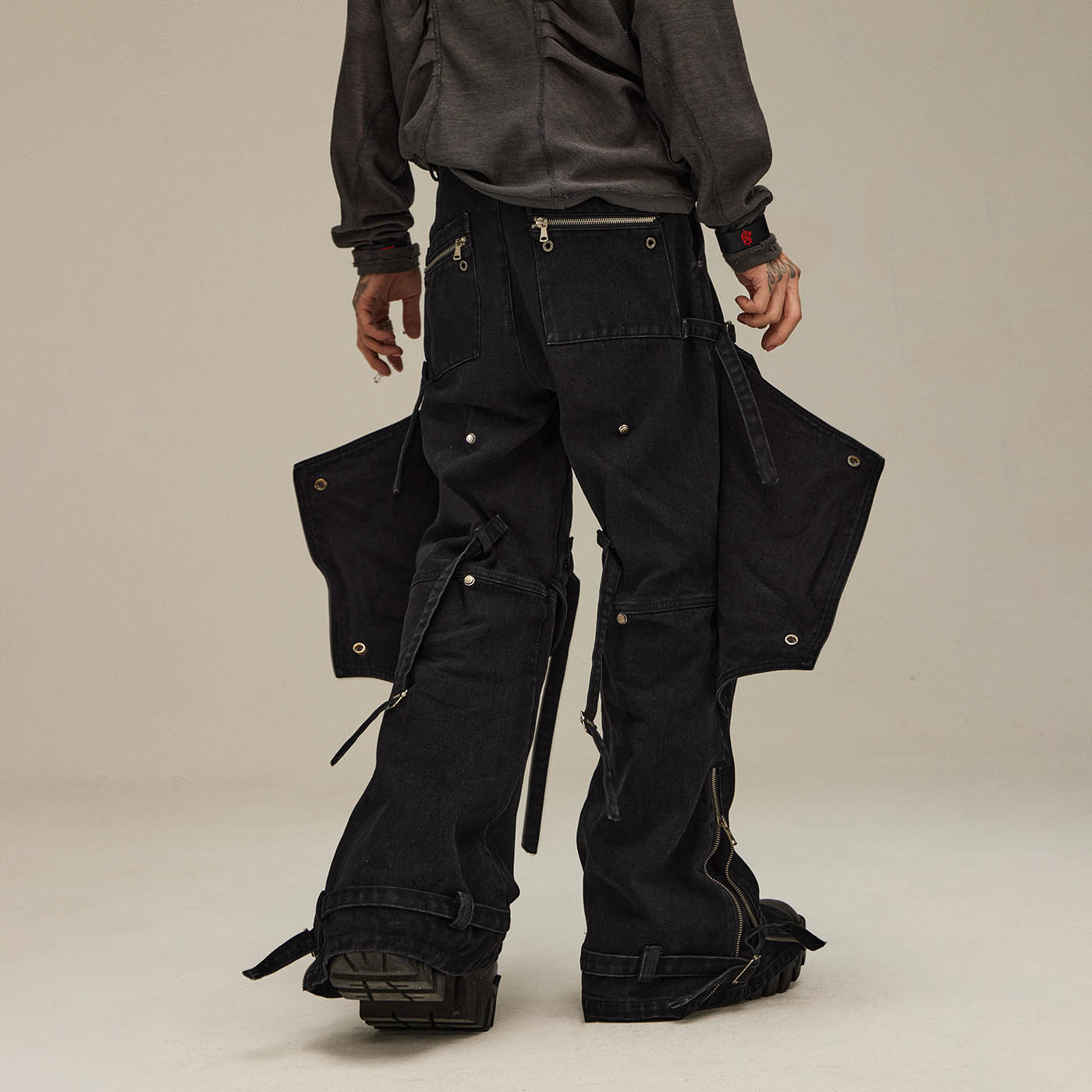 FLYERRER Spliced Faux-Layered Strap Zipper Pants-Pants-S-Free Shipping Leatheretro