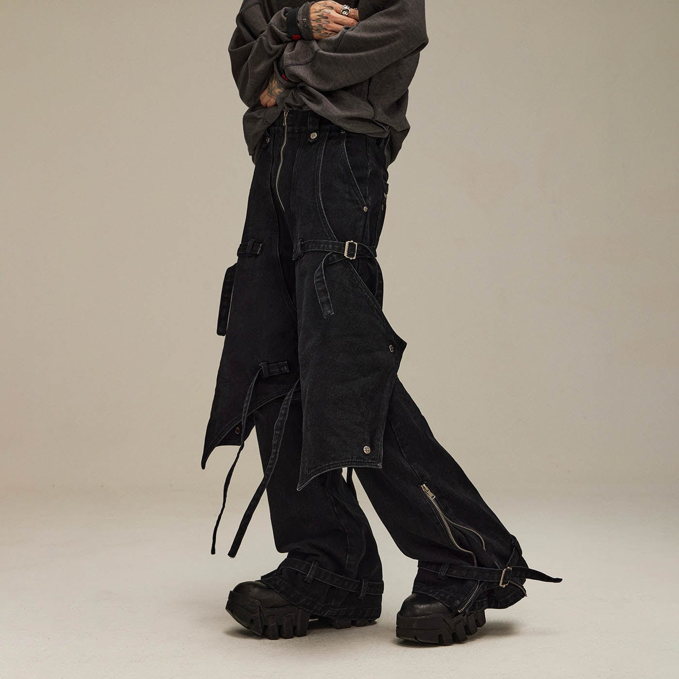 FLYERRER Spliced Faux-Layered Strap Zipper Pants-Pants-S-Free Shipping Leatheretro