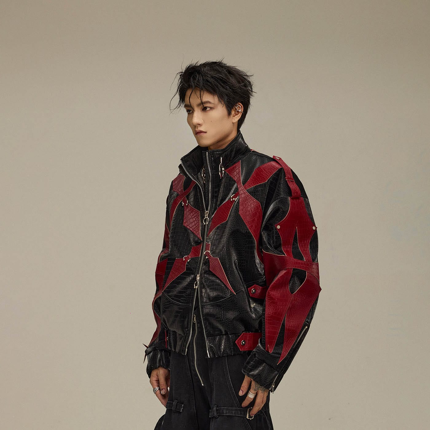 FLYERRER Four-Pointed Star Rivet Faux Feather Biker Jacket Red-Jacket-S-Free Shipping Leatheretro