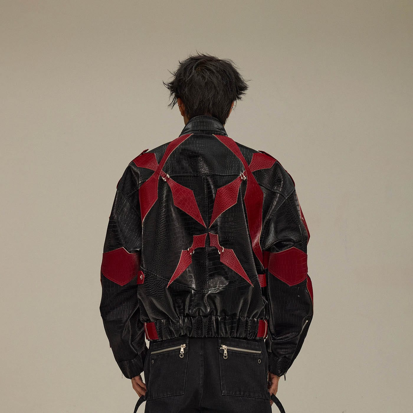 FLYERRER Four-Pointed Star Rivet Faux Feather Biker Jacket Red-Jacket-S-Free Shipping Leatheretro