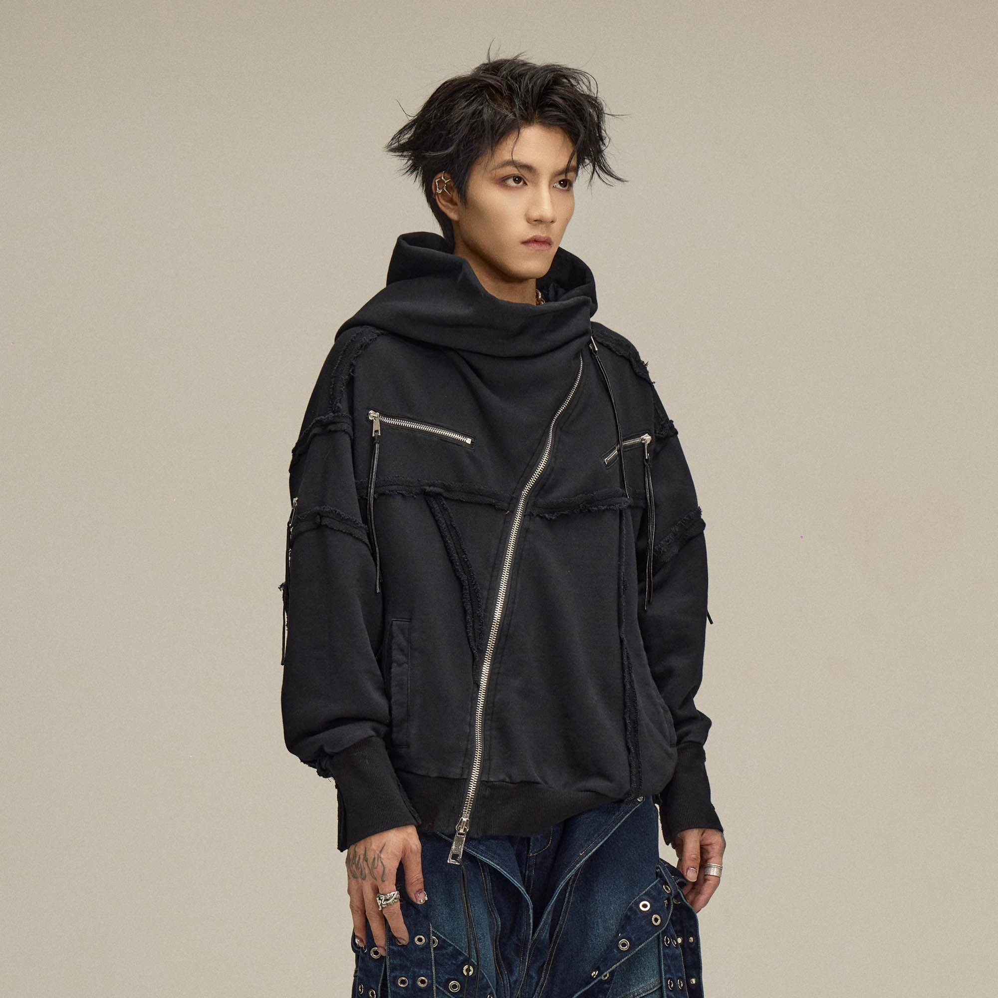 FLYERRER Asymmetrical Zip-up Frayed Hoodie-Hoodie-S-Free Shipping Leatheretro