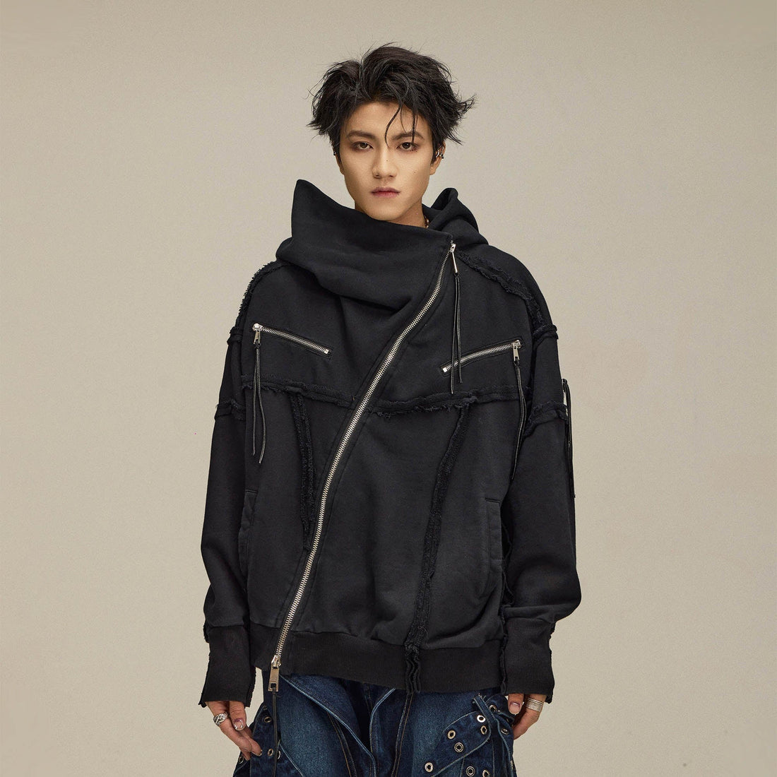 FLYERRER Asymmetrical Zip-up Frayed Hoodie-Hoodie-S-Free Shipping Leatheretro