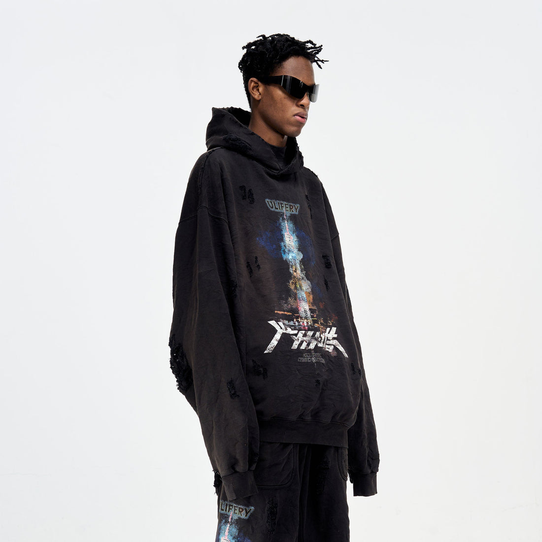 ULIPERY Distressed Glow Crinkled Hoodie-Hoodie-XS-Free Shipping Leatheretro