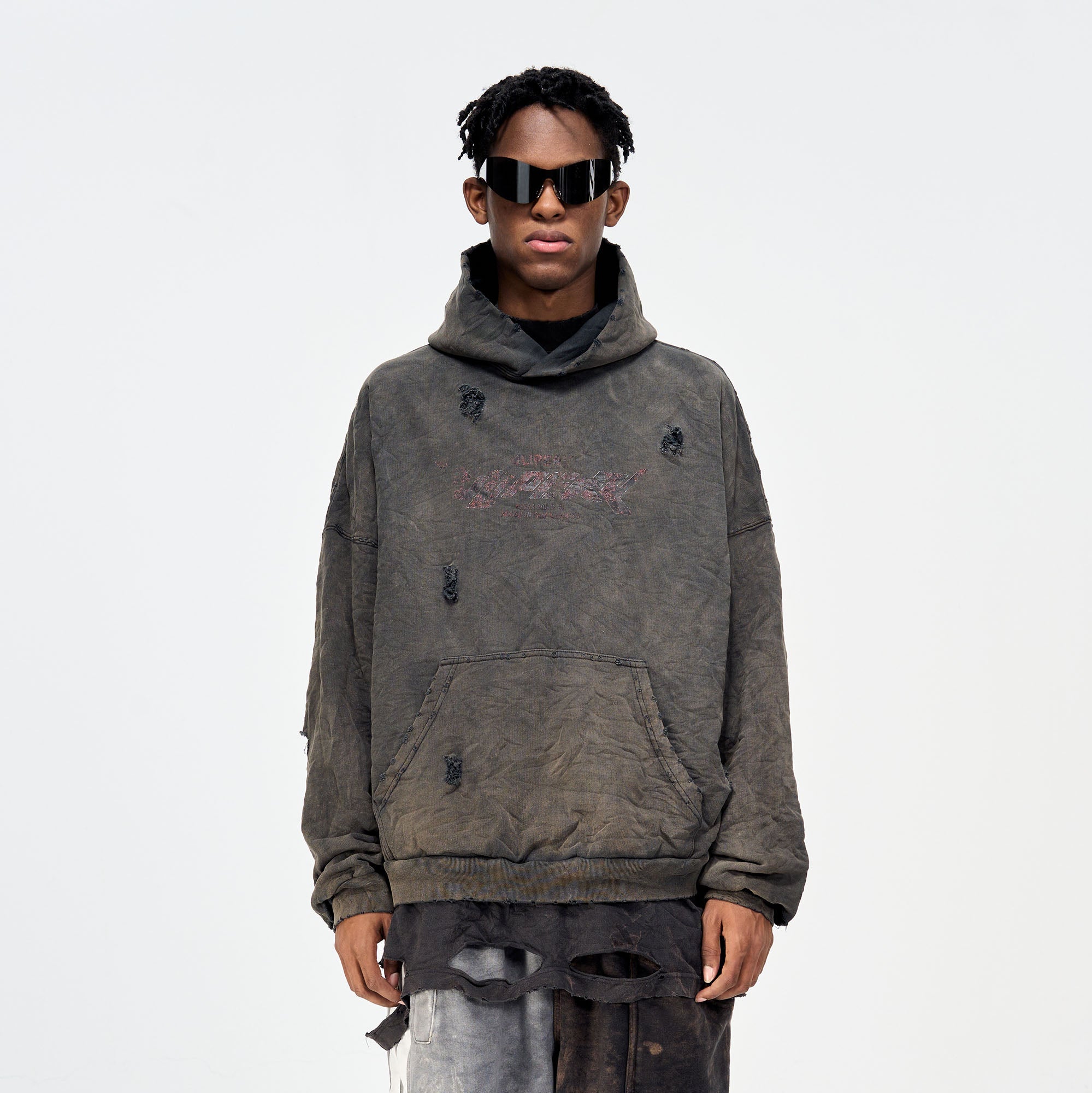 ULIPERY Dirty Fit Distressed Crinkled Hoodie Black-Hoodie-XS-Free Shipping Leatheretro