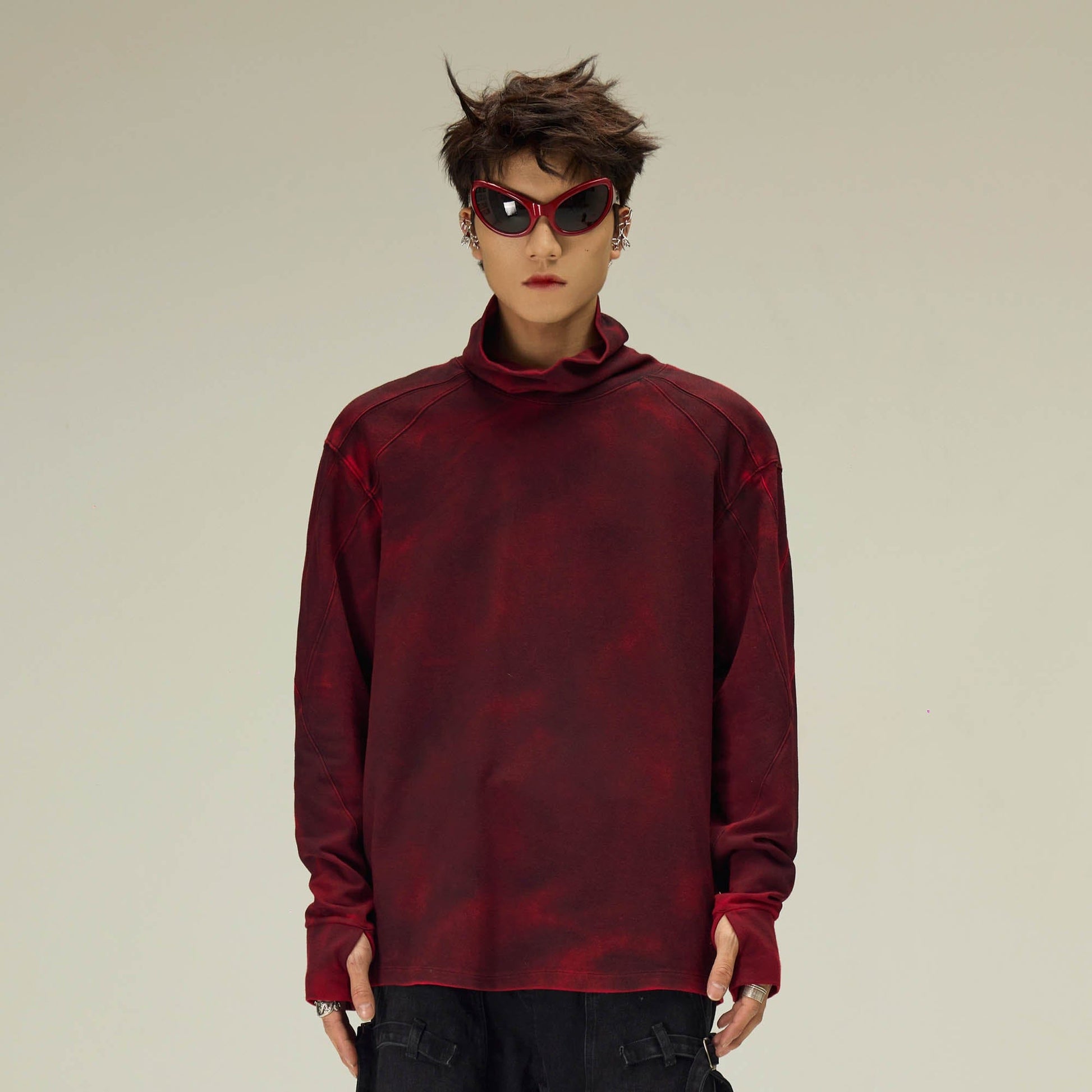 FLYERRER Distressed High-Neck Spliced Long-Sleeve Tee-L/S Tee-S-Red-Free Shipping Leatheretro