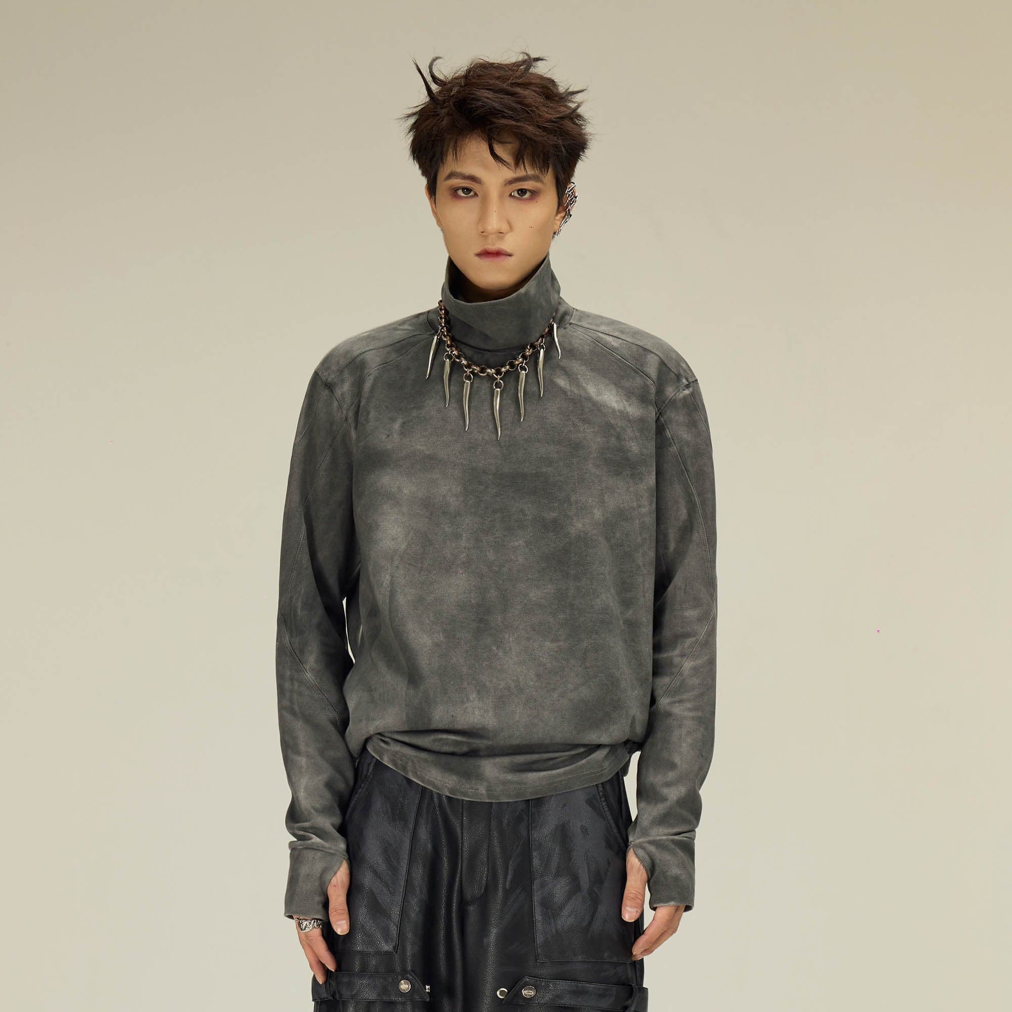 FLYERRER Distressed High-Neck Spliced Long-Sleeve Tee-L/S Tee-S-Grey-Free Shipping Leatheretro