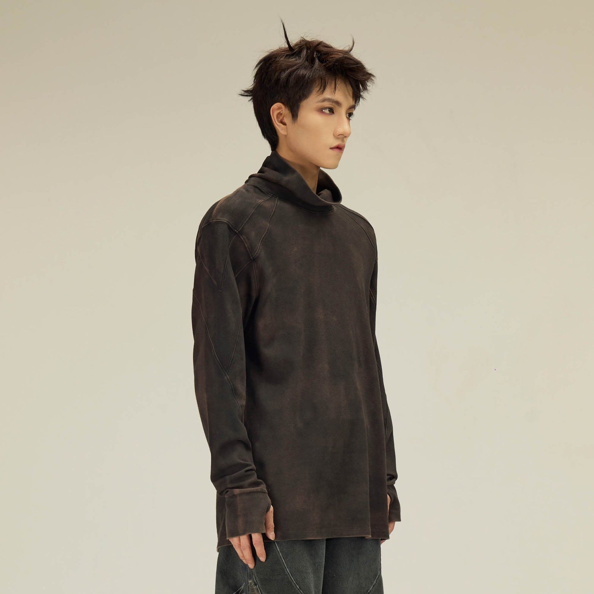 FLYERRER Distressed High-Neck Spliced Long-Sleeve Tee-L/S Tee-S-Grey-Free Shipping Leatheretro