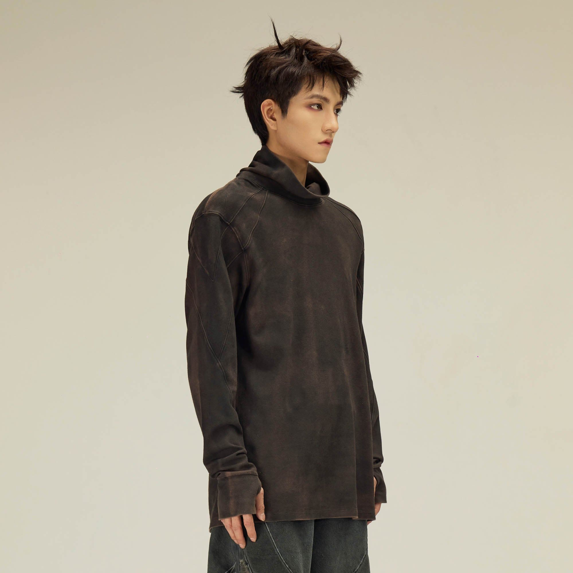 FLYERRER Distressed High-Neck Spliced Long-Sleeve Tee-L/S Tee-S-Grey-Free Shipping Leatheretro