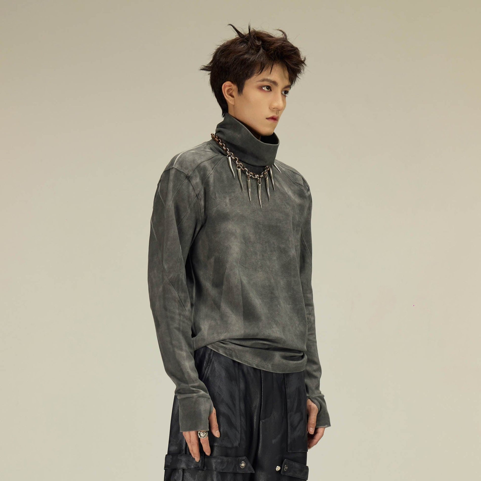 FLYERRER Distressed High-Neck Spliced Long-Sleeve Tee-L/S Tee-S-Grey-Free Shipping Leatheretro