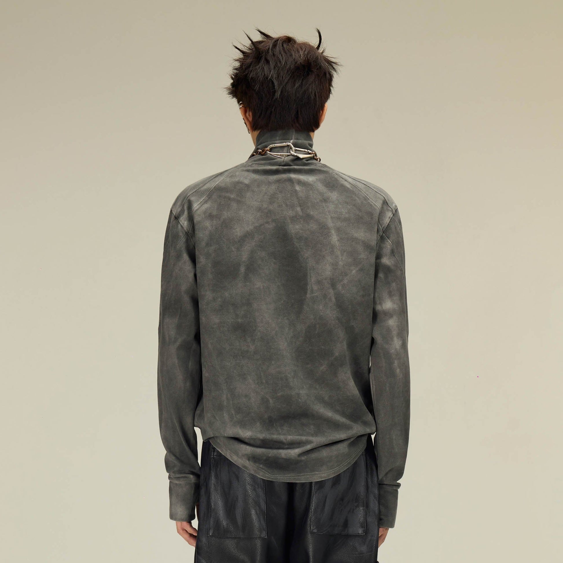 FLYERRER Distressed High-Neck Spliced Long-Sleeve Tee-L/S Tee-S-Grey-Free Shipping Leatheretro