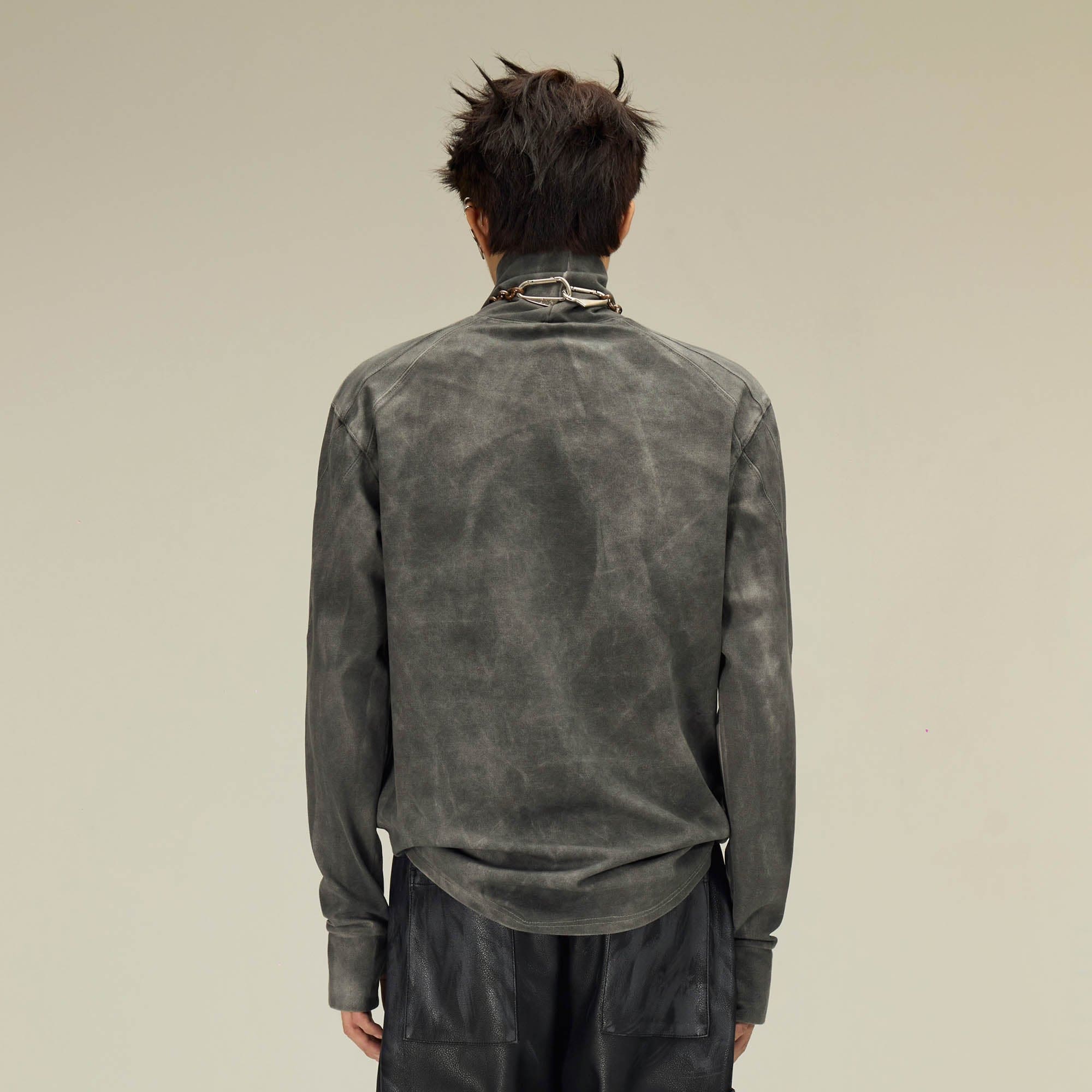 FLYERRER Distressed High-Neck Spliced Long-Sleeve Tee-L/S Tee-S-Grey-Free Shipping Leatheretro