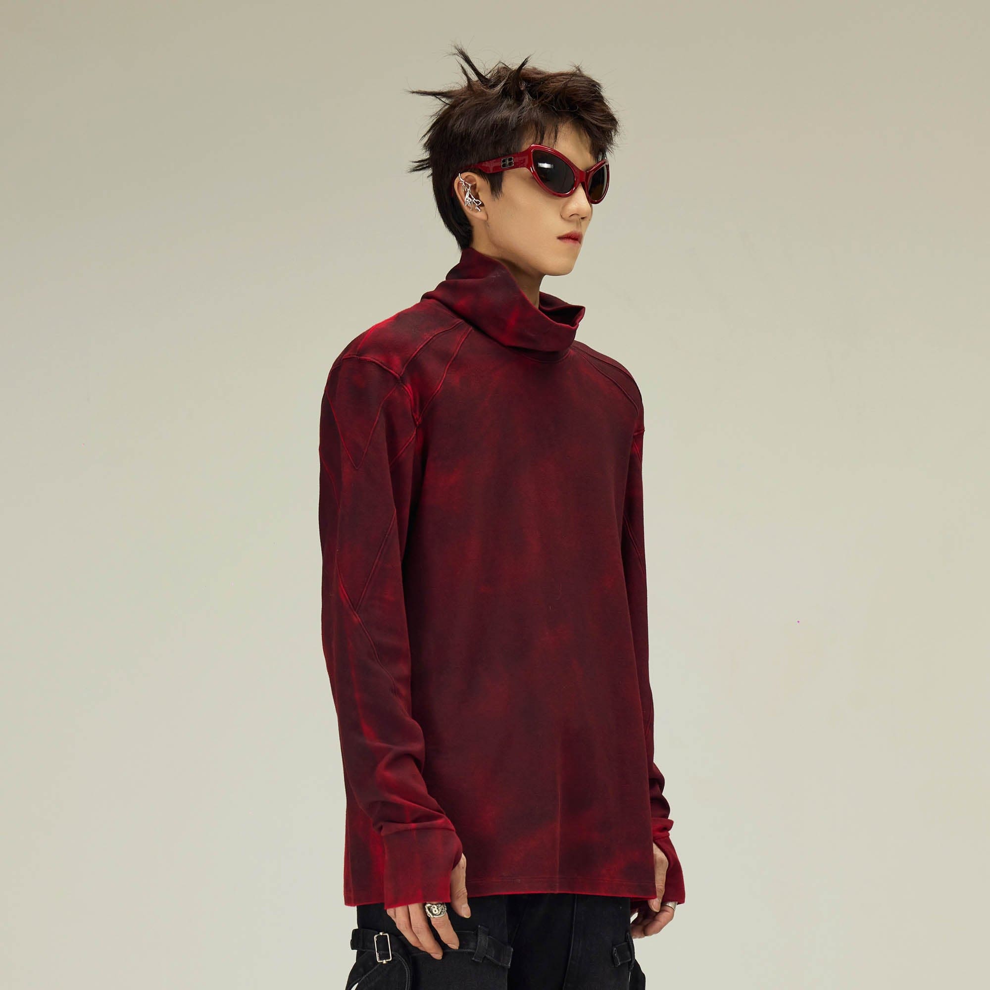 FLYERRER Distressed High-Neck Spliced Long-Sleeve Tee-L/S Tee-S-Grey-Free Shipping Leatheretro