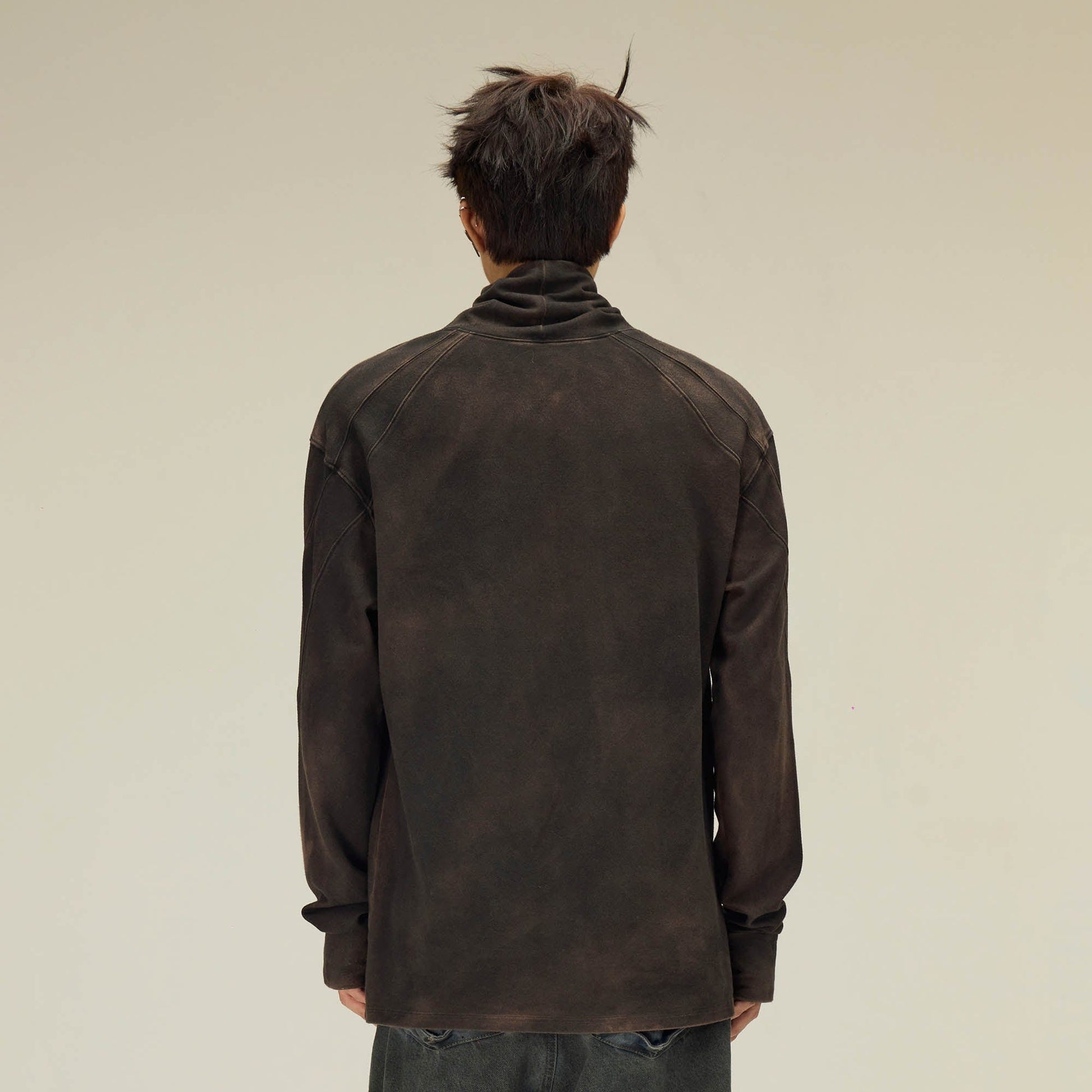 FLYERRER Distressed High-Neck Spliced Long-Sleeve Tee-L/S Tee-S-Grey-Free Shipping Leatheretro