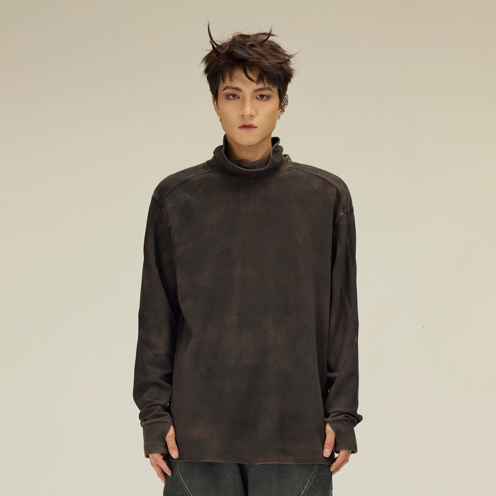 FLYERRER Distressed High-Neck Spliced Long-Sleeve Tee-L/S Tee-S-Brown-Free Shipping Leatheretro
