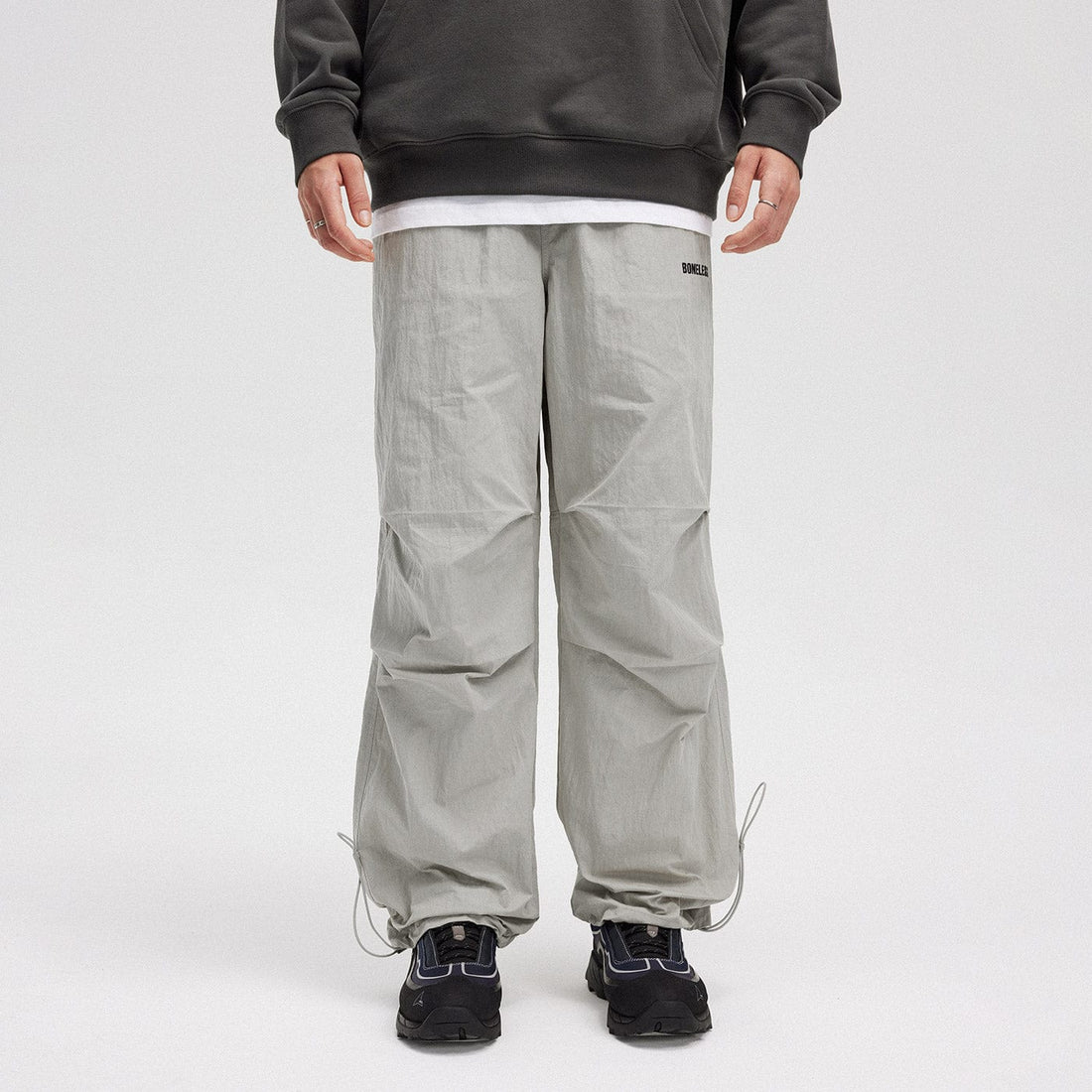 BONELESS Crinkled Drawstring Logo Pants-Pants-S-Grey-Free Shipping Leatheretro