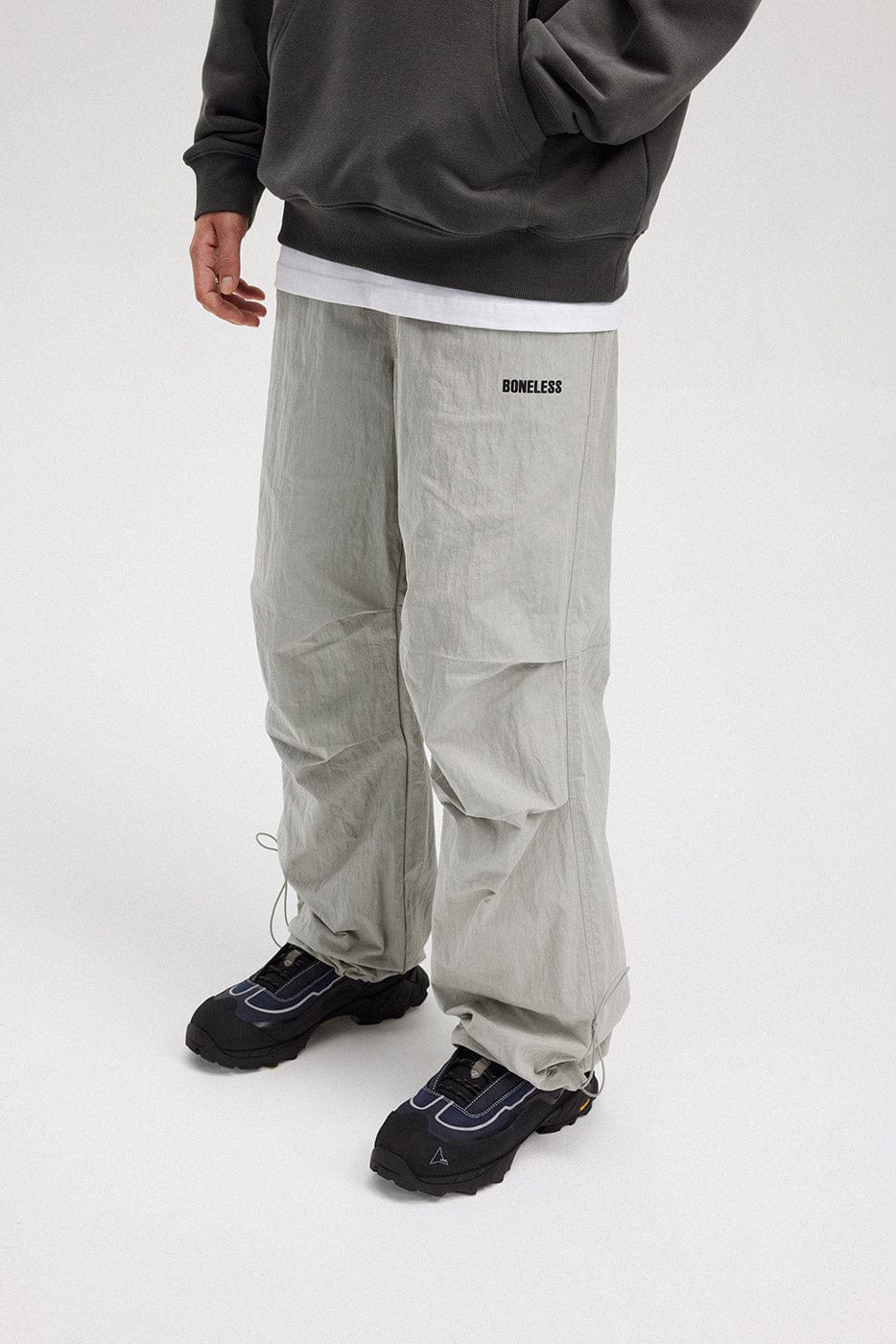 BONELESS Crinkled Drawstring Logo Pants-Pants-S-Grey-Free Shipping Leatheretro