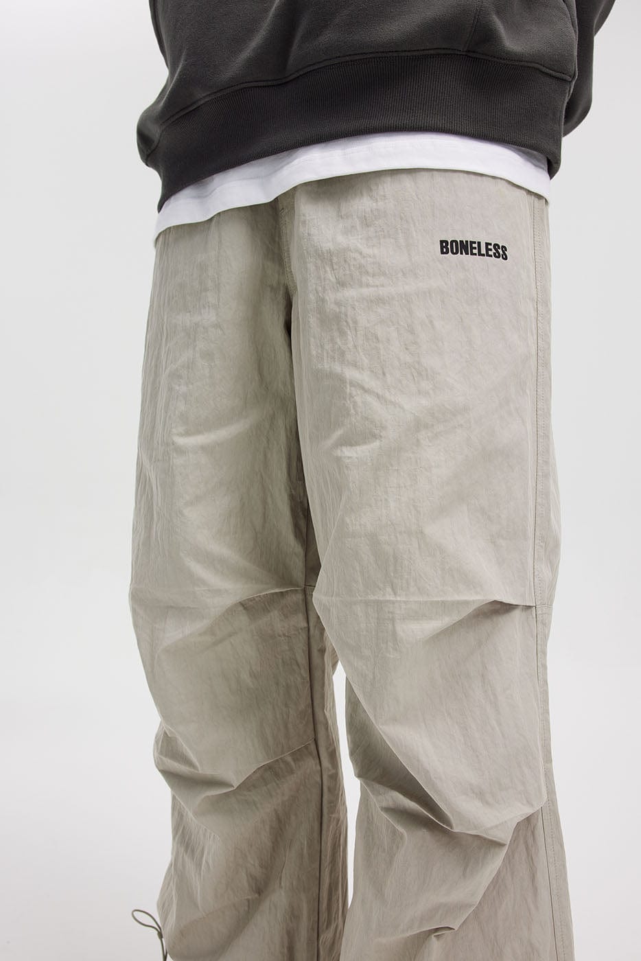 BONELESS Crinkled Drawstring Logo Pants-Pants-S-Grey-Free Shipping Leatheretro