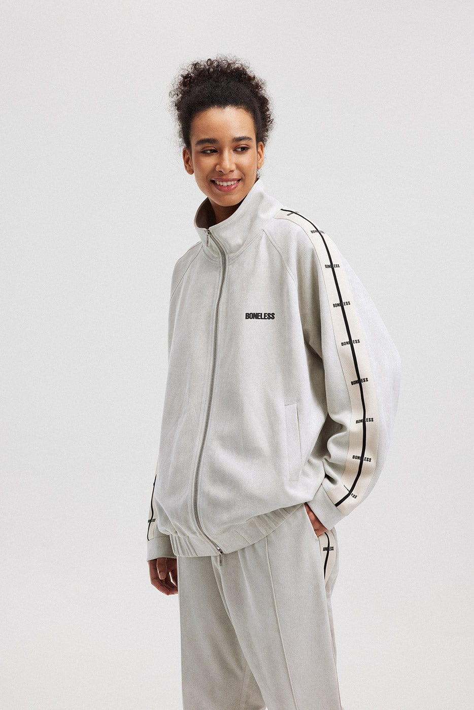 BONELESS Contrasted Striped Faux Suede Jacket-Jacket-S-Grey-Free Shipping Leatheretro