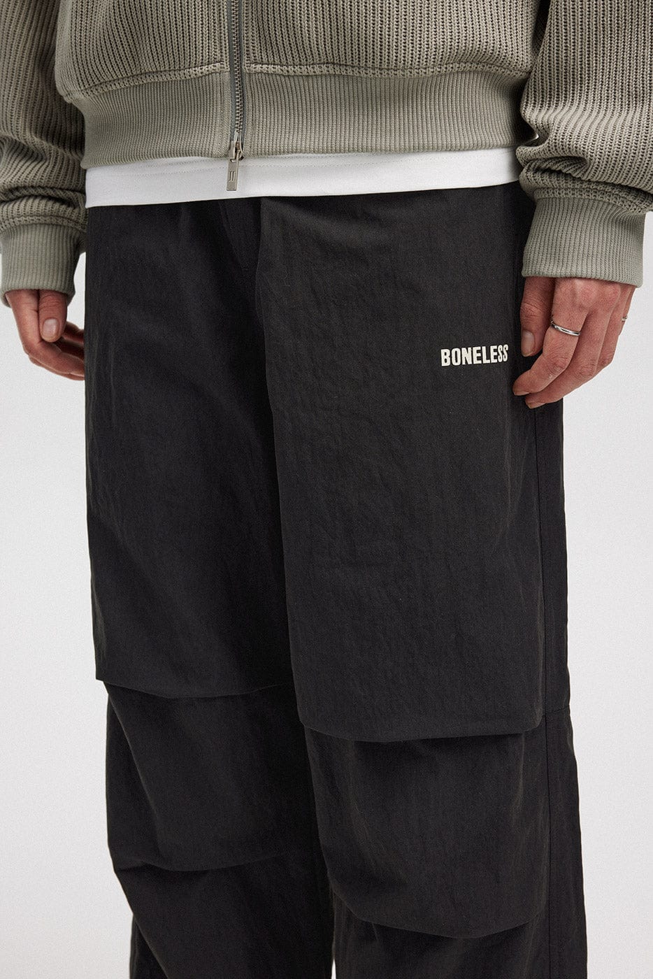 BONELESS Crinkled Drawstring Logo Pants-Pants-S-Grey-Free Shipping Leatheretro