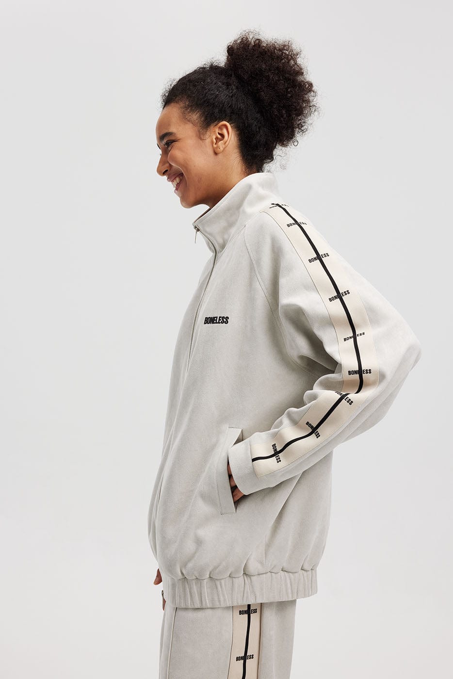 BONELESS Contrasted Striped Faux Suede Jacket-Jacket-S-Grey-Free Shipping Leatheretro