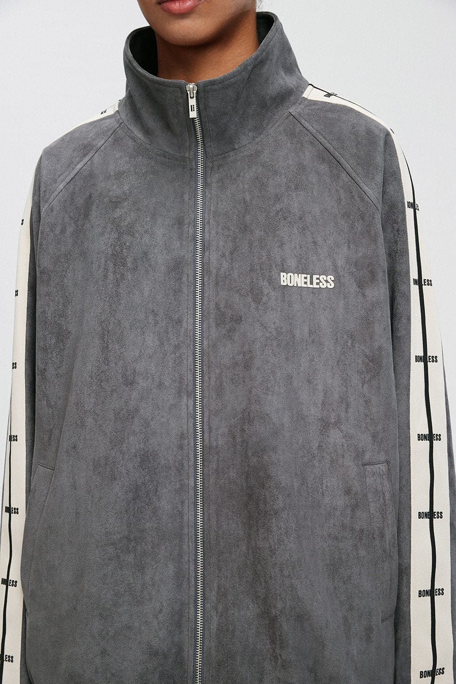 BONELESS Contrasted Striped Faux Suede Jacket-Jacket-S-Grey-Free Shipping Leatheretro