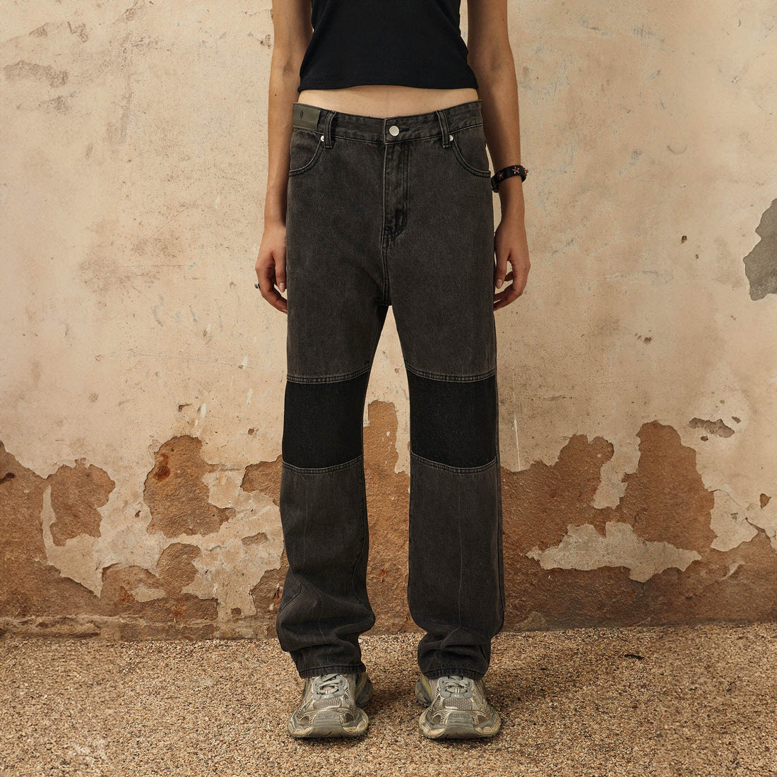 OVDY Spliced Knees Straight-Leg Jeans-Jeans-S-Free Shipping Leatheretro