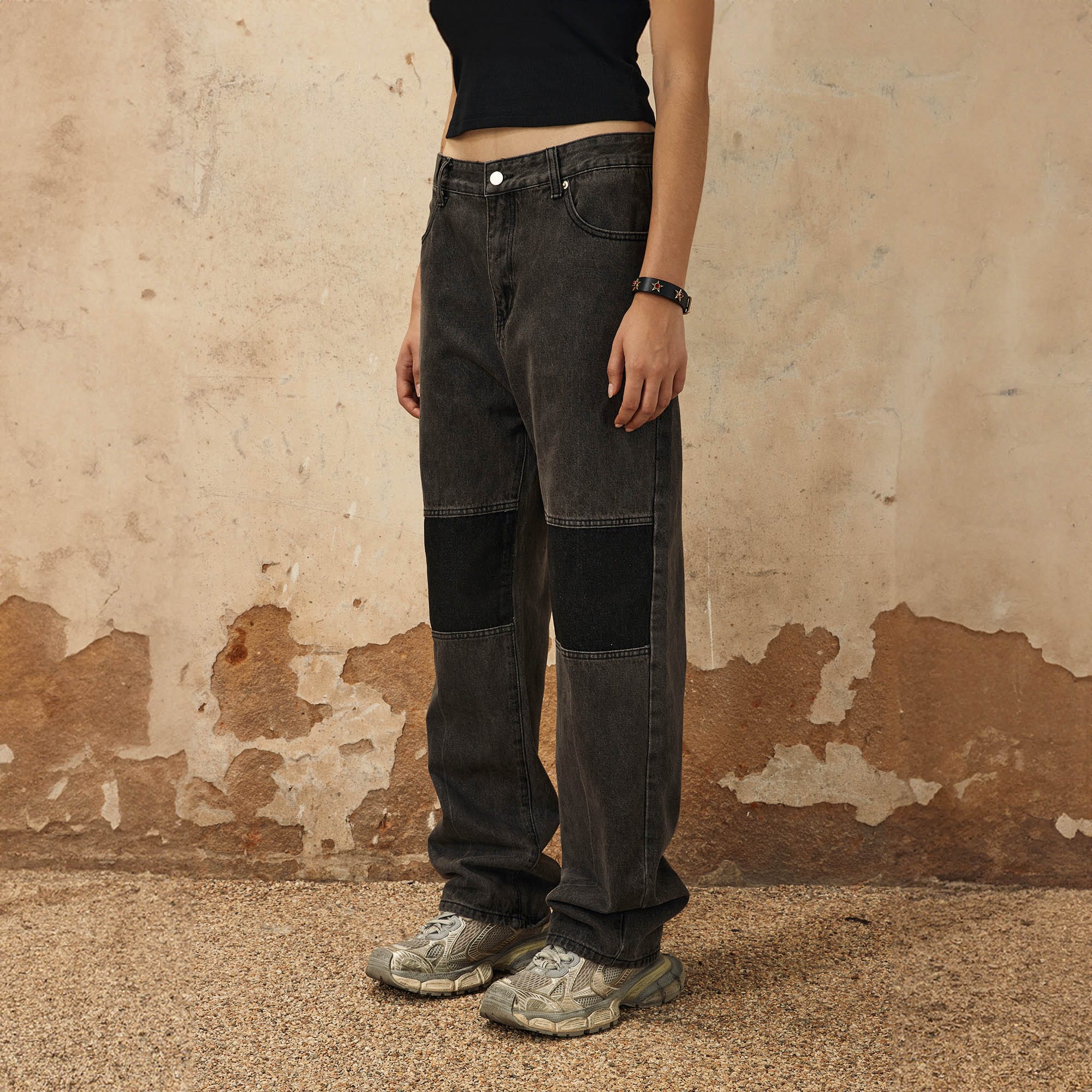 OVDY Spliced Knees Straight-Leg Jeans-Jeans-S-Free Shipping Leatheretro