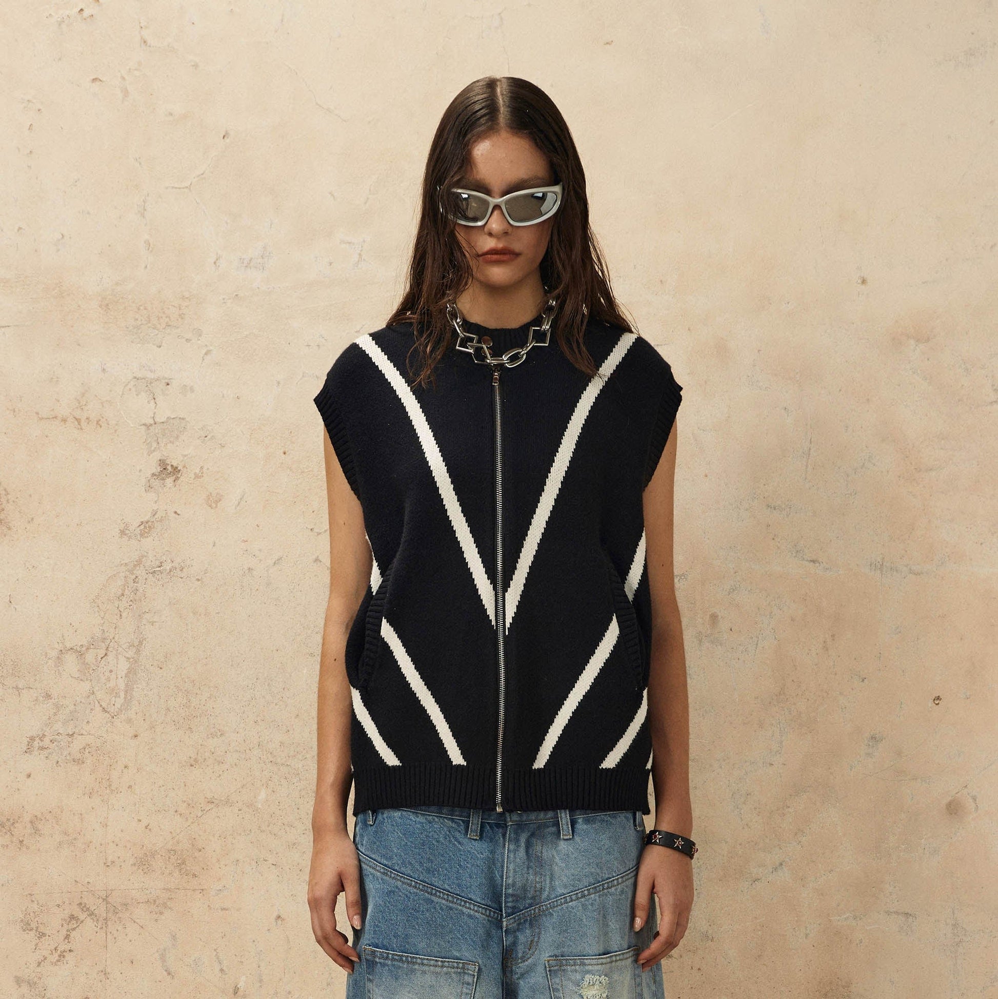 OVDY Chevron Stripe Zip-Up Knit Vest-Vest-S-Black-Free Shipping Leatheretro
