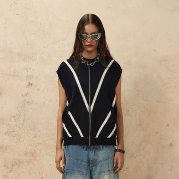OVDY Chevron Stripe Zip-Up Knit Vest-Vest-S-Black-Free Shipping Leatheretro