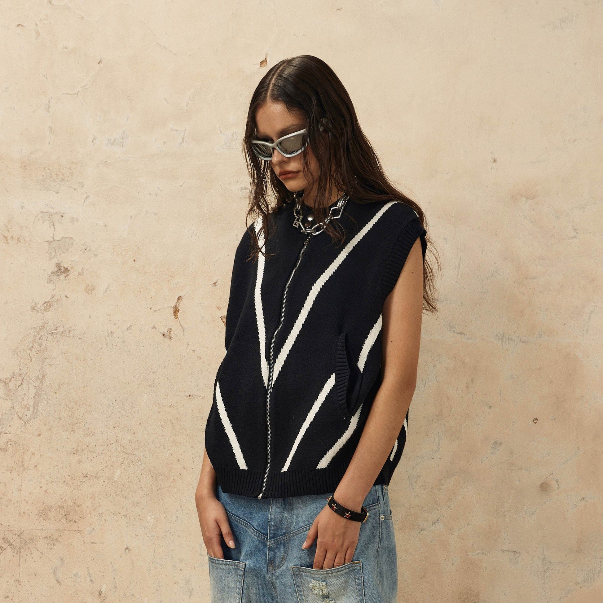 OVDY Chevron Stripe Zip-Up Knit Vest-Vest-S-Black-Free Shipping Leatheretro