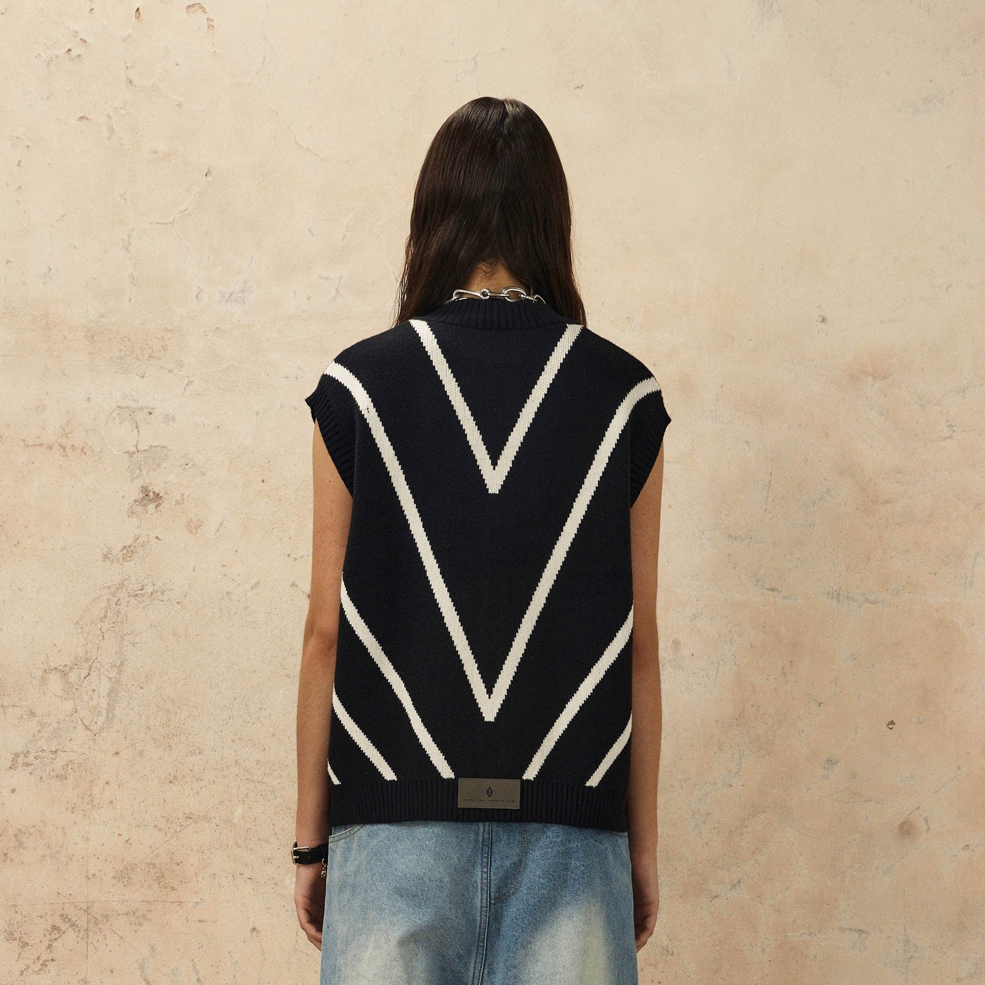 OVDY Chevron Stripe Zip-Up Knit Vest-Vest-S-Black-Free Shipping Leatheretro